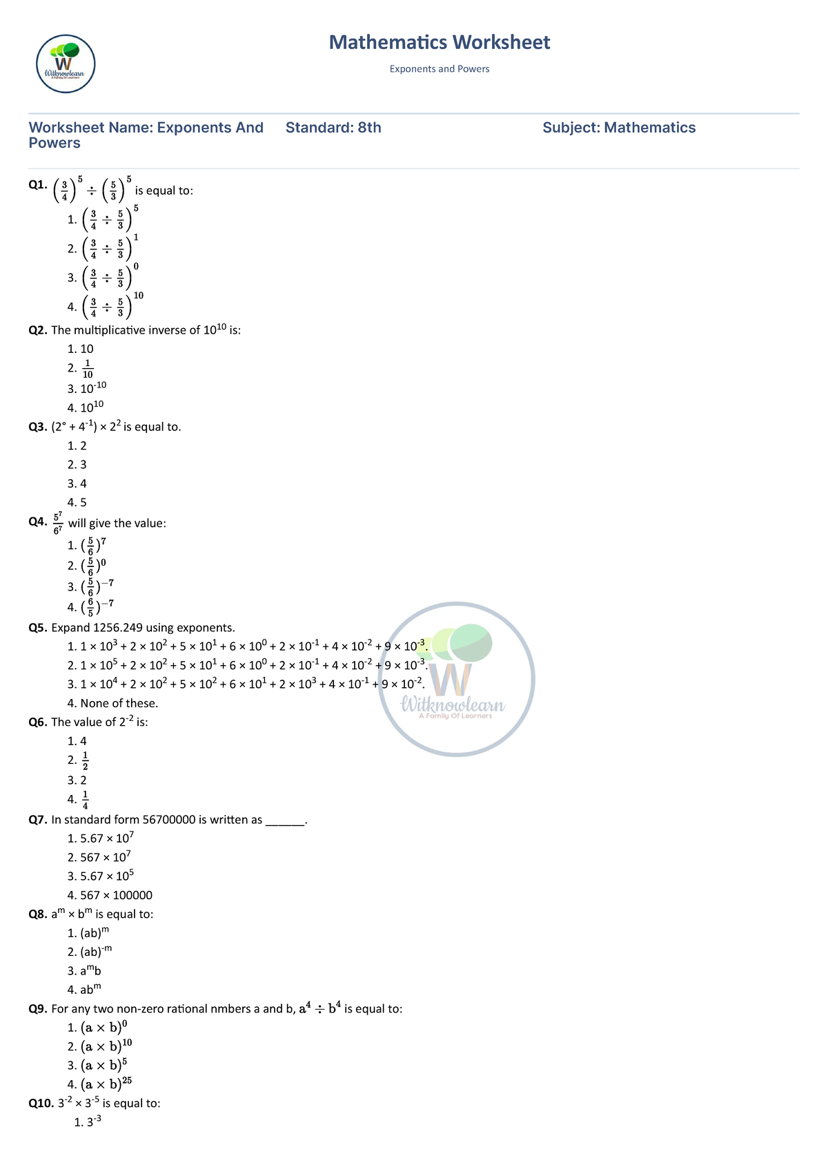 Mathematics Worksheet: Exponents and Powers (Class 8) with Answers ...