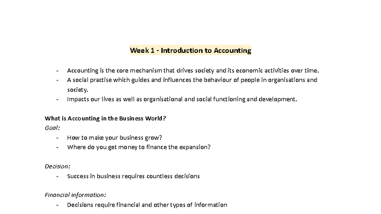 ACCG100 Week 1: Intro to Accounting Concepts and Principles - Studocu