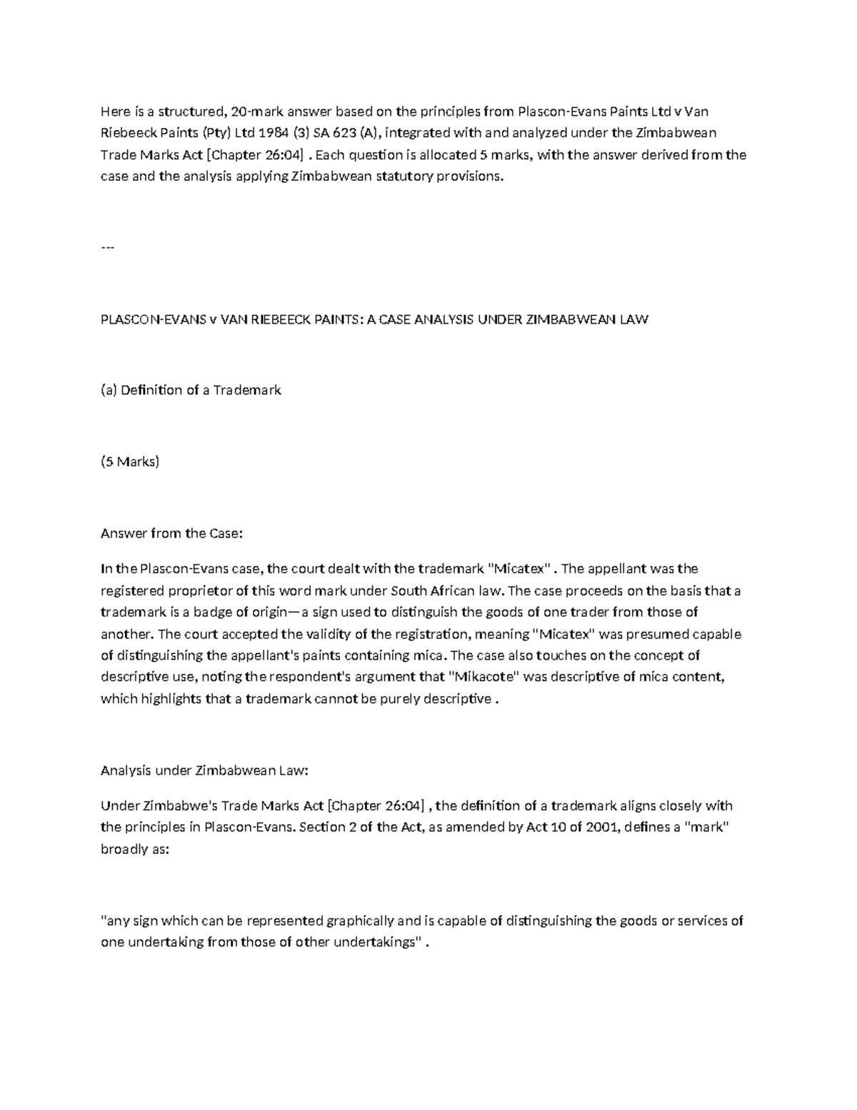 Case Analysis of Paints Ltd v Van Riebeeck Paints under Zim Law ...