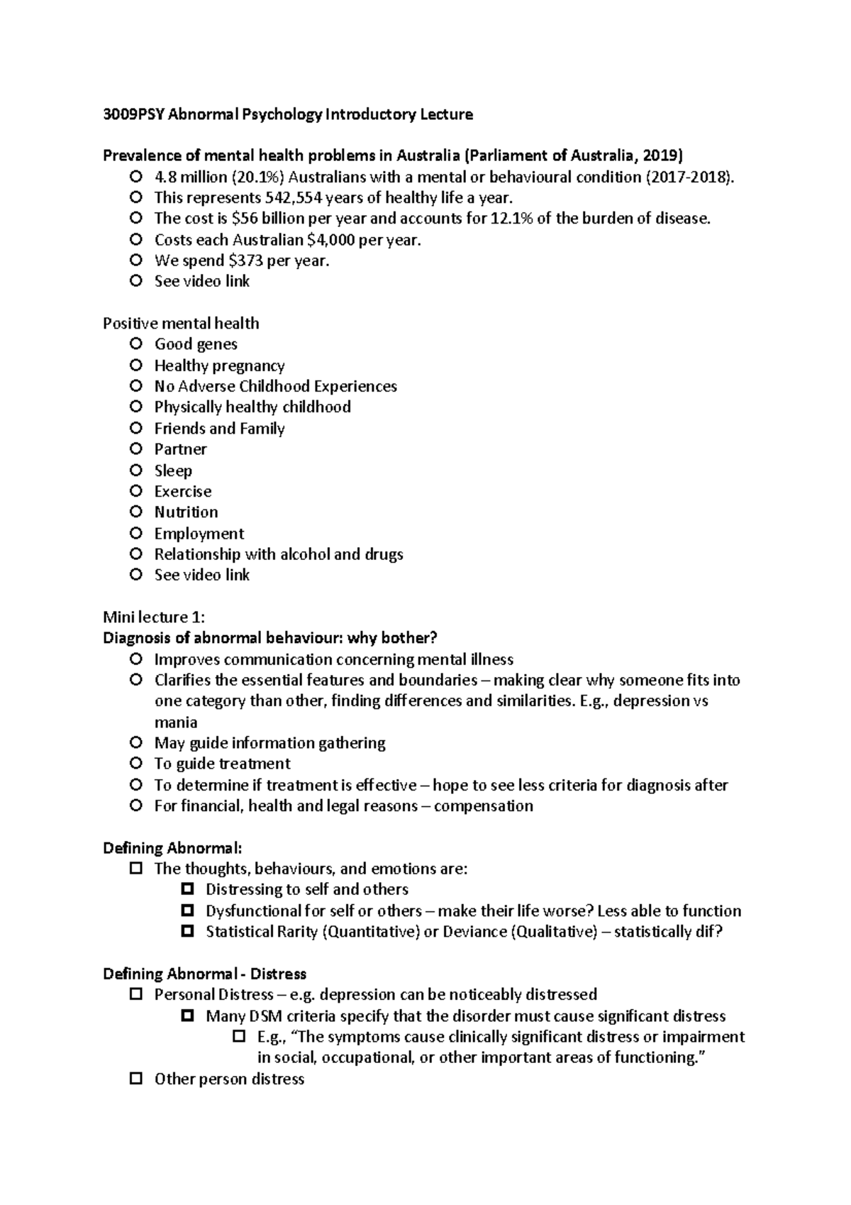 3009PSY Midterm Review Notes on Abnormal Psychology and Mental Health ...