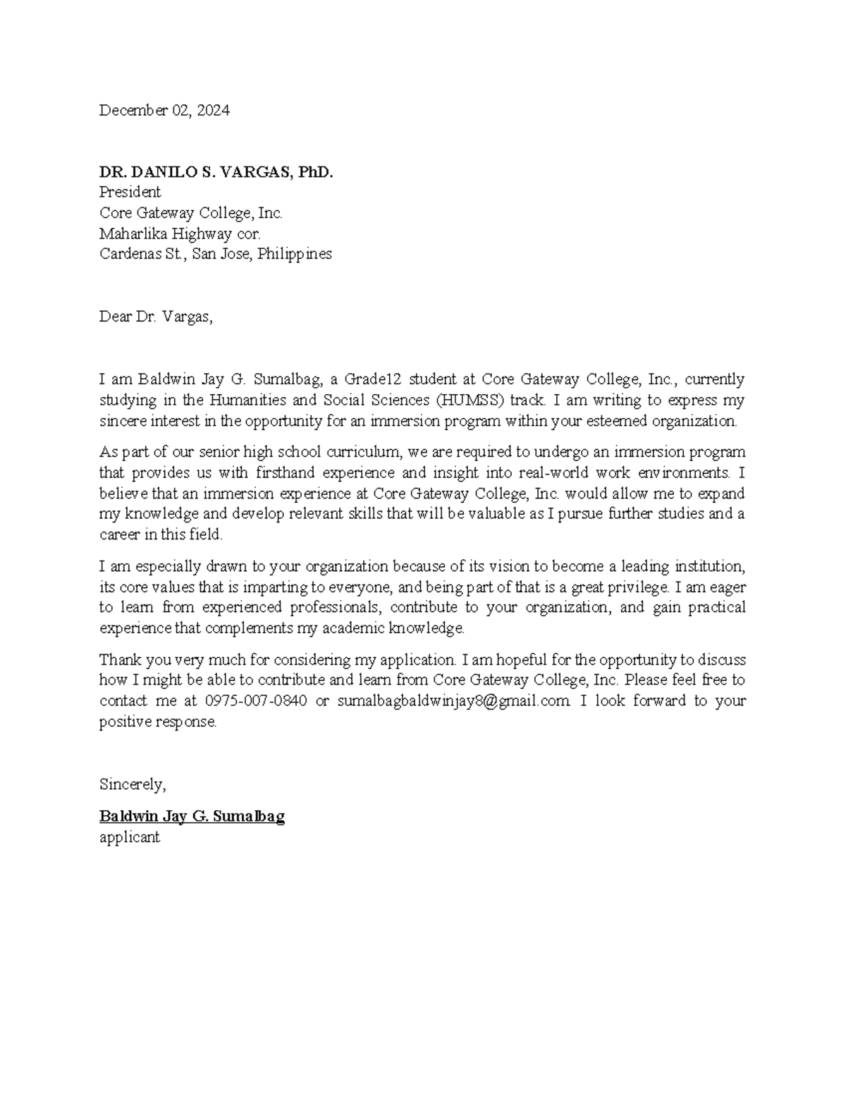 HUMSS Immersion Application Letter - Baldwin Jay G. Sumalbag - Studocu