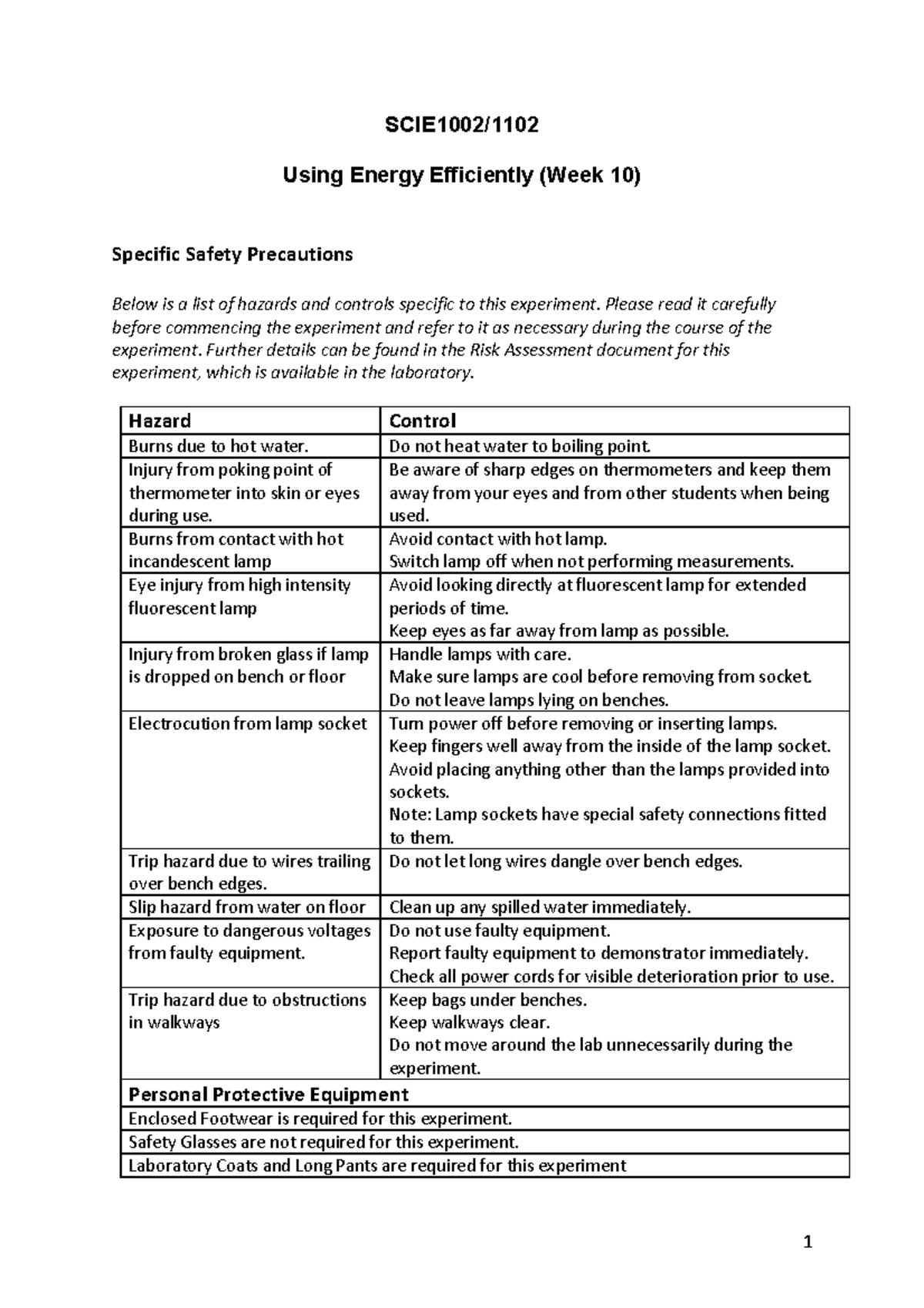 Week 10 - Energy Efficiency Lab: Safety & Experiment Procedures - Studocu