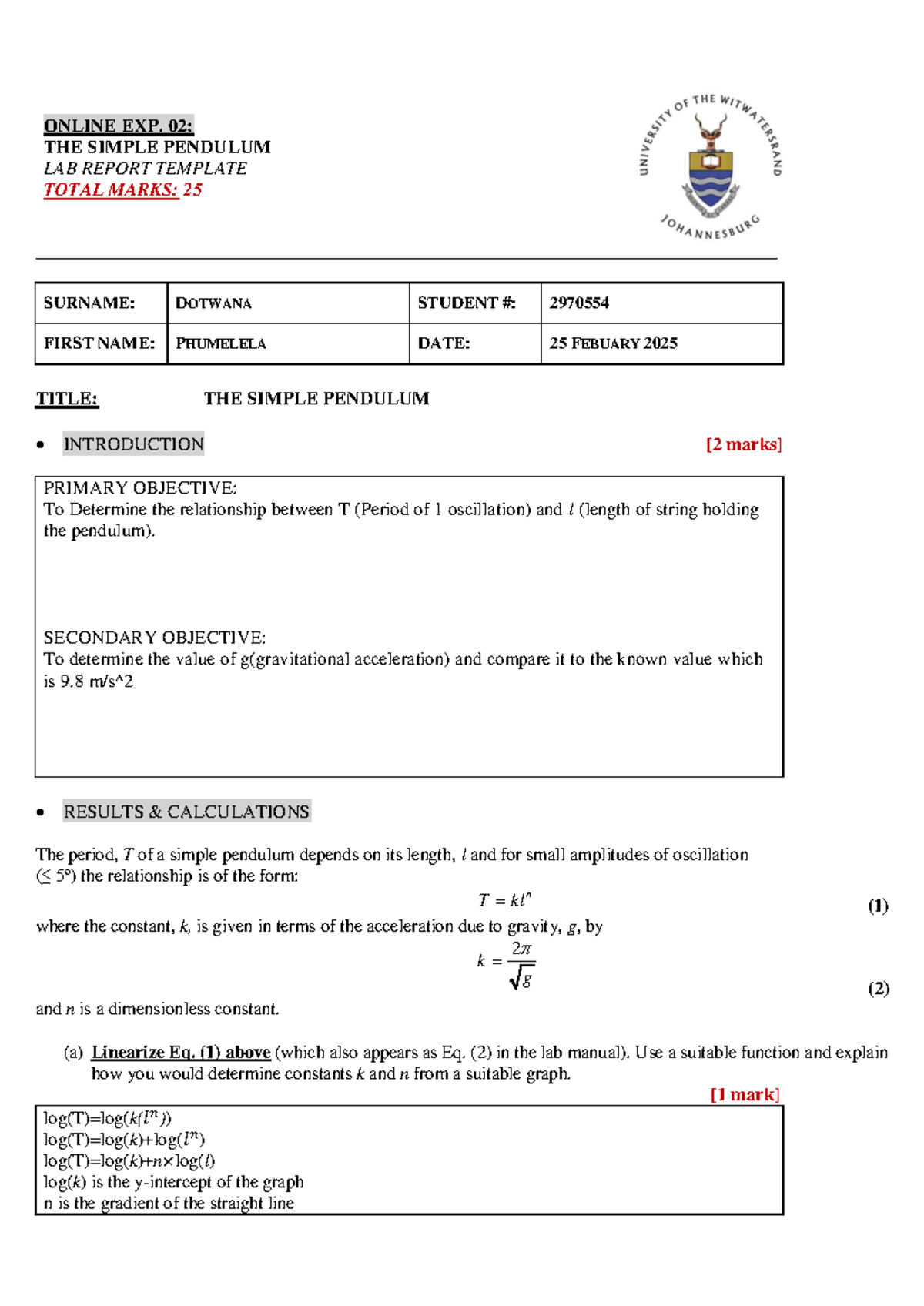 Online Exp02 - Simple Pendulum Lab Report Template (Total Marks: 25 ...