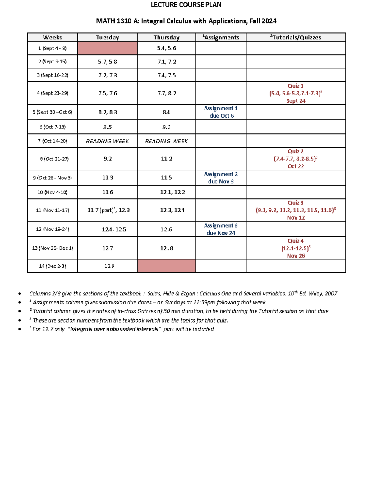 Calendar - LECTURE COURSE PLAN 1 Assignments column gives submission ...