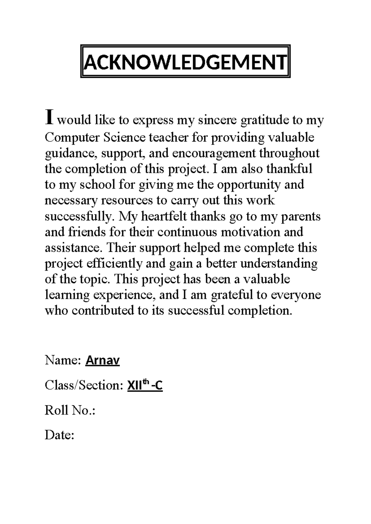 CS Project Acknowledgement - Gratitude to Supporters - Studocu