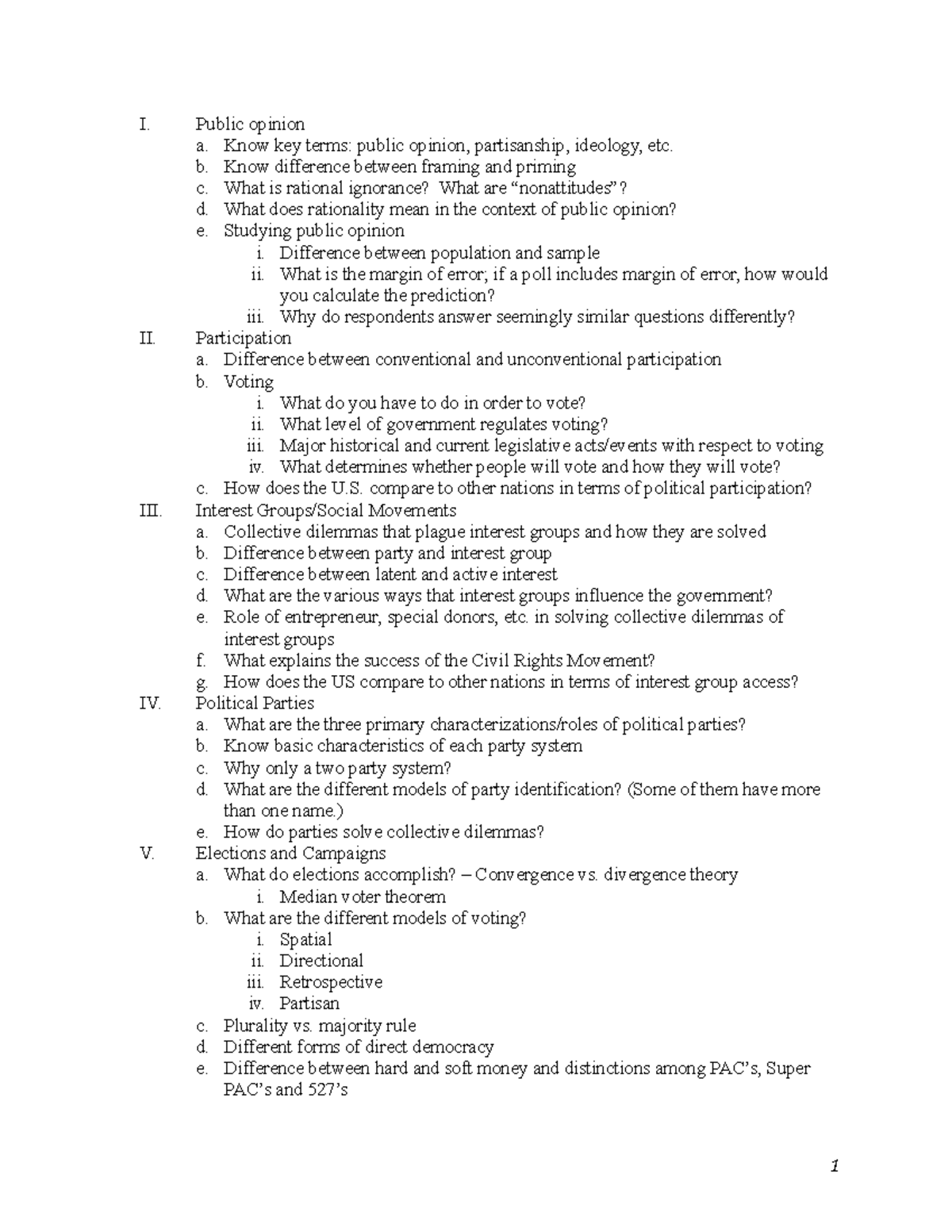 PS 101: Final Exam Study Guide on Public Opinion & Political ...