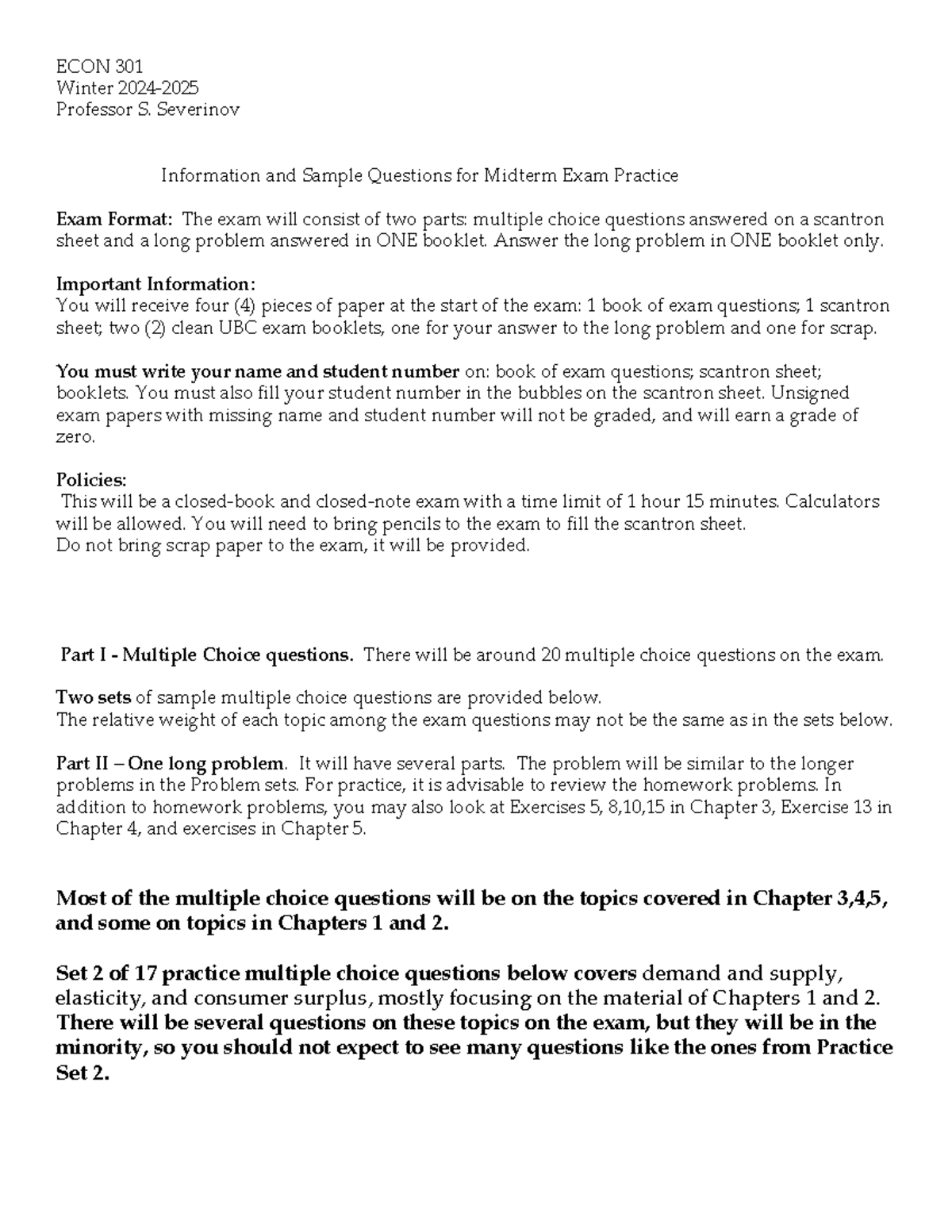 Practice Midterm Questions and Key Info for ECON 301 - Winter 2024-2025 ...
