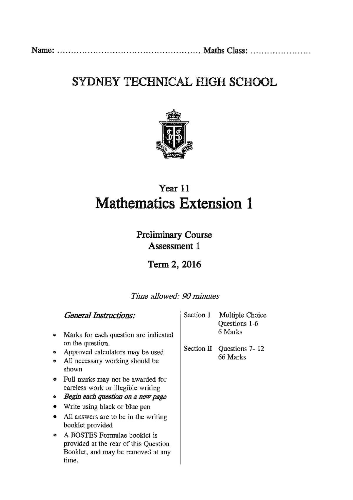 MATHS EXTENSION PAST PAPER 2016 - Name: Maths Class: SYDNEY TECHNICAL ...