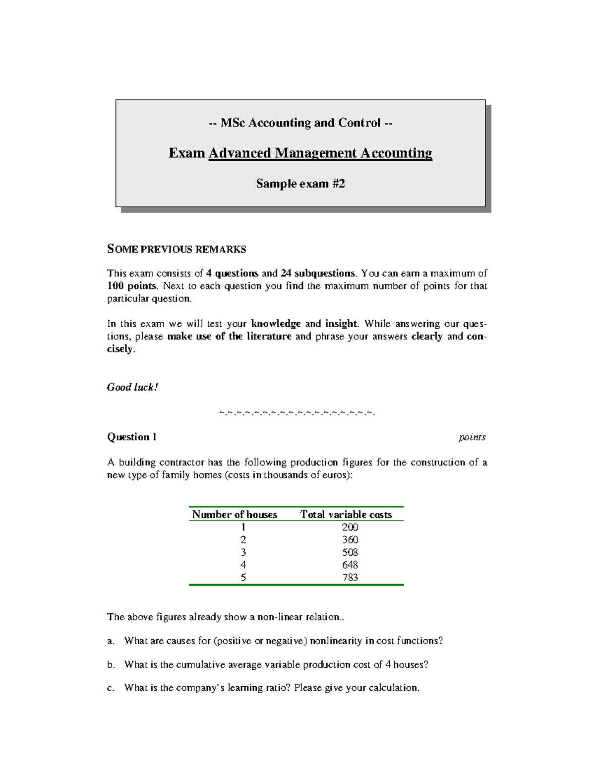 MSc ACC 2015, Advanced Management Accounting Sample Exam Q&A - Studeersnel