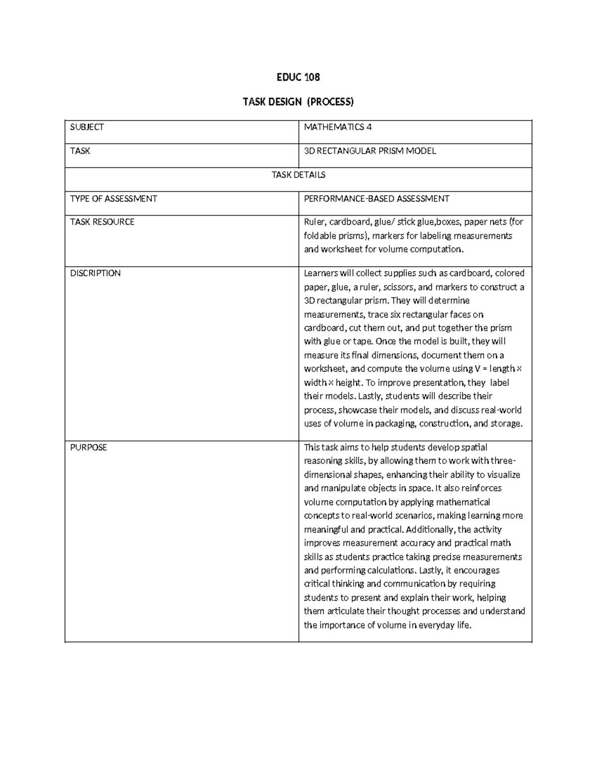 EDUC 108 Final Assessment: 3D Rectangular Prism Model Task - Studocu