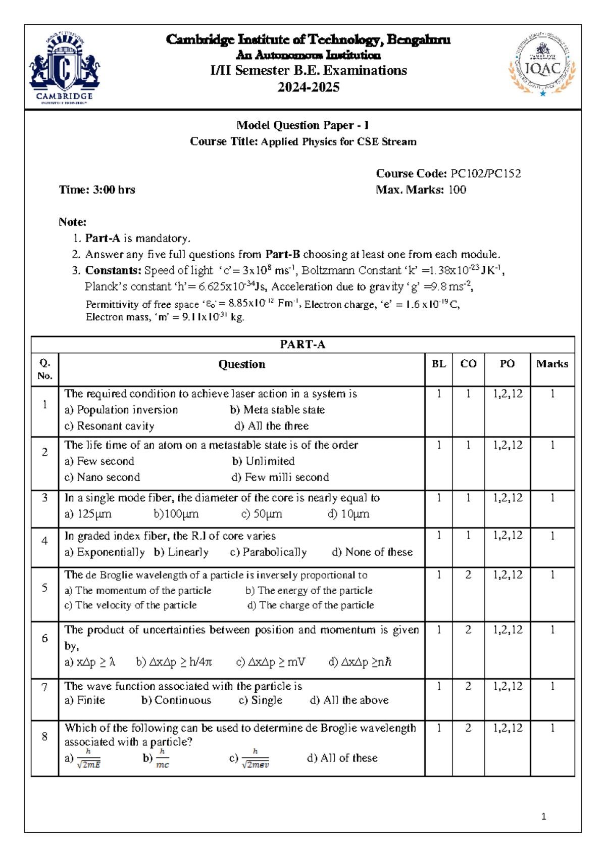 Physics MQP 1 - Model Question Paper for CSE (Applied Physics) - Studocu