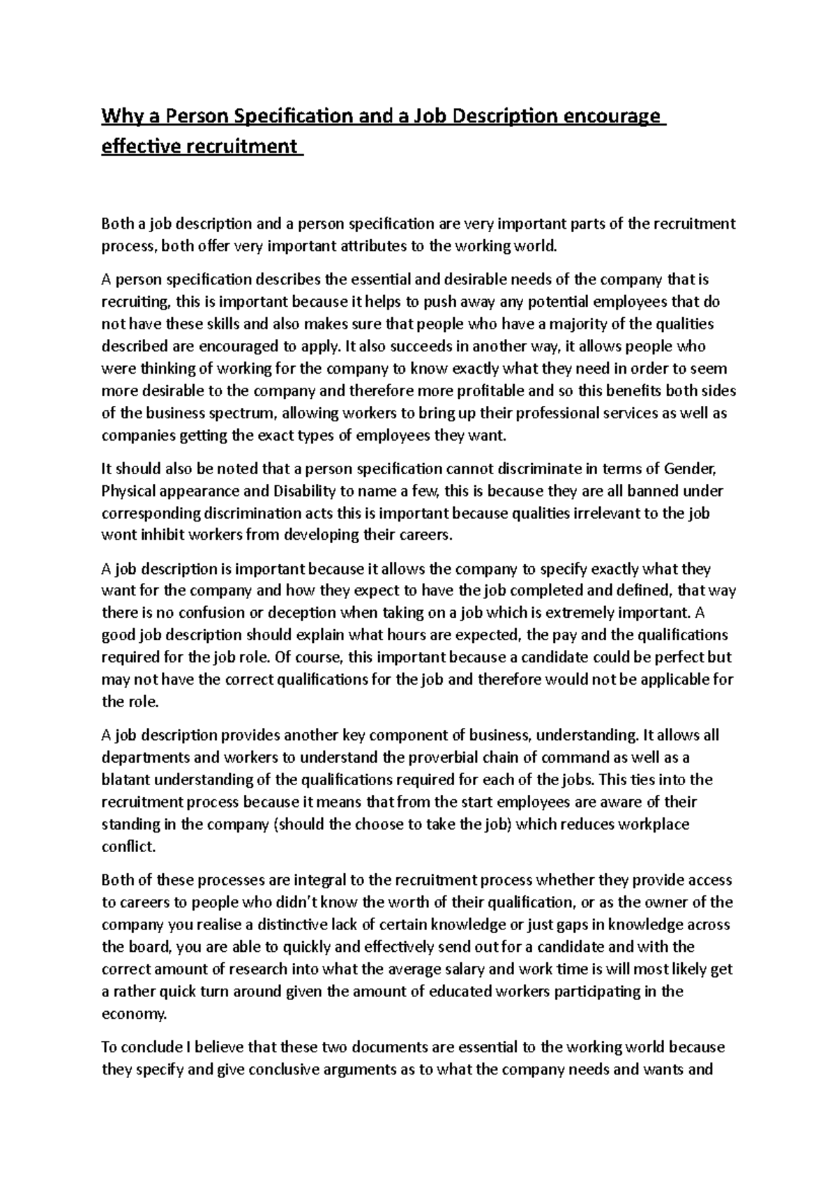 Justification Essay on Job Descriptions & Person Specifications - Studocu