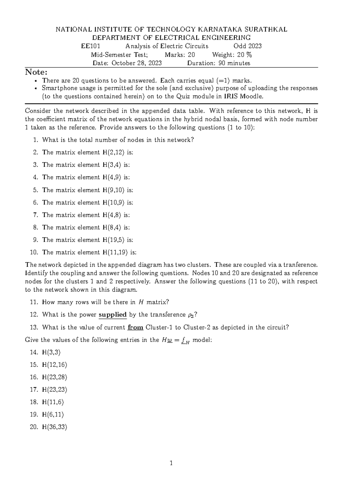 EE101 Mid-Semester Test: Analysis of Electric Circuits (Odd 2023) - Studocu