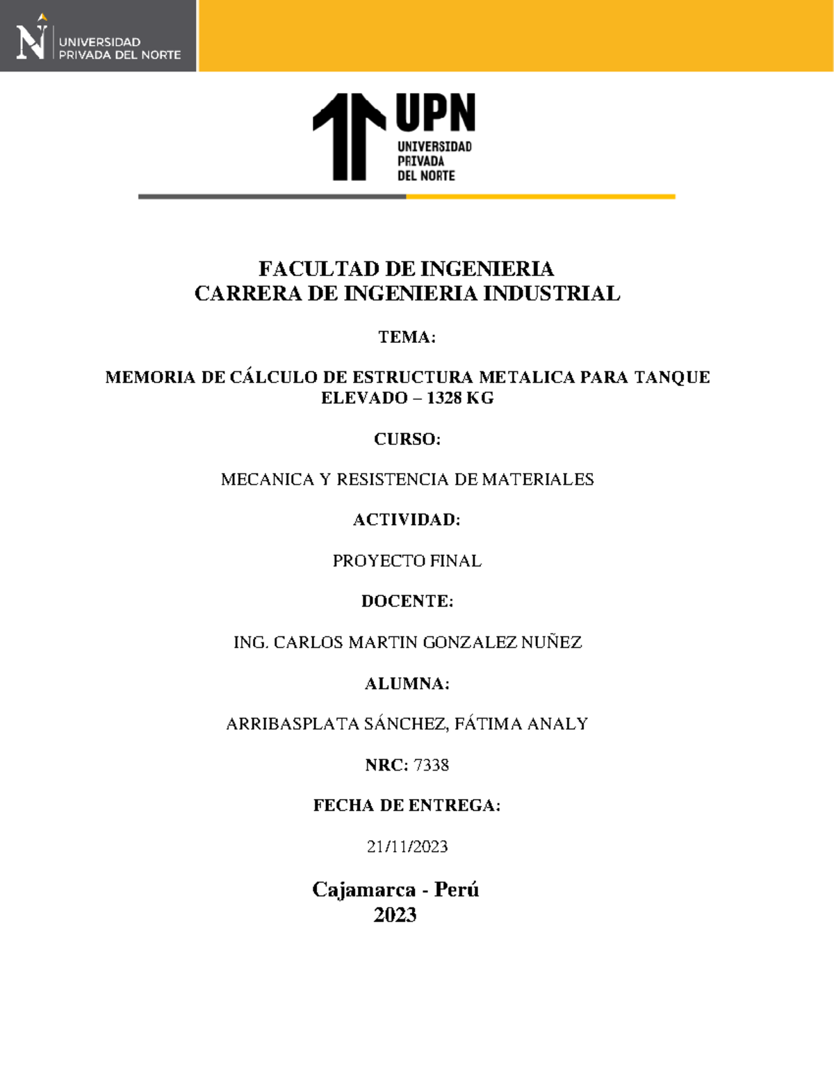 Memoria de Cálculo Estructural para Tanque Elevado 1328 kg - MEC 7338 - Document Preview