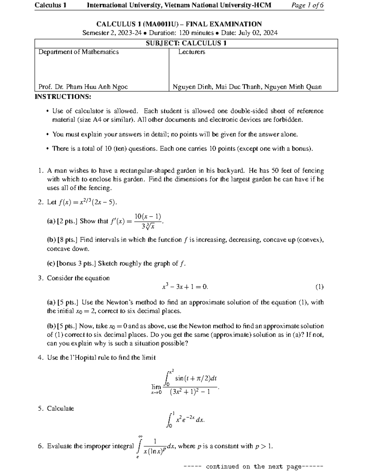 Calculus 1 (MA001IU) Final Exam Answers - July 2024 - Studocu