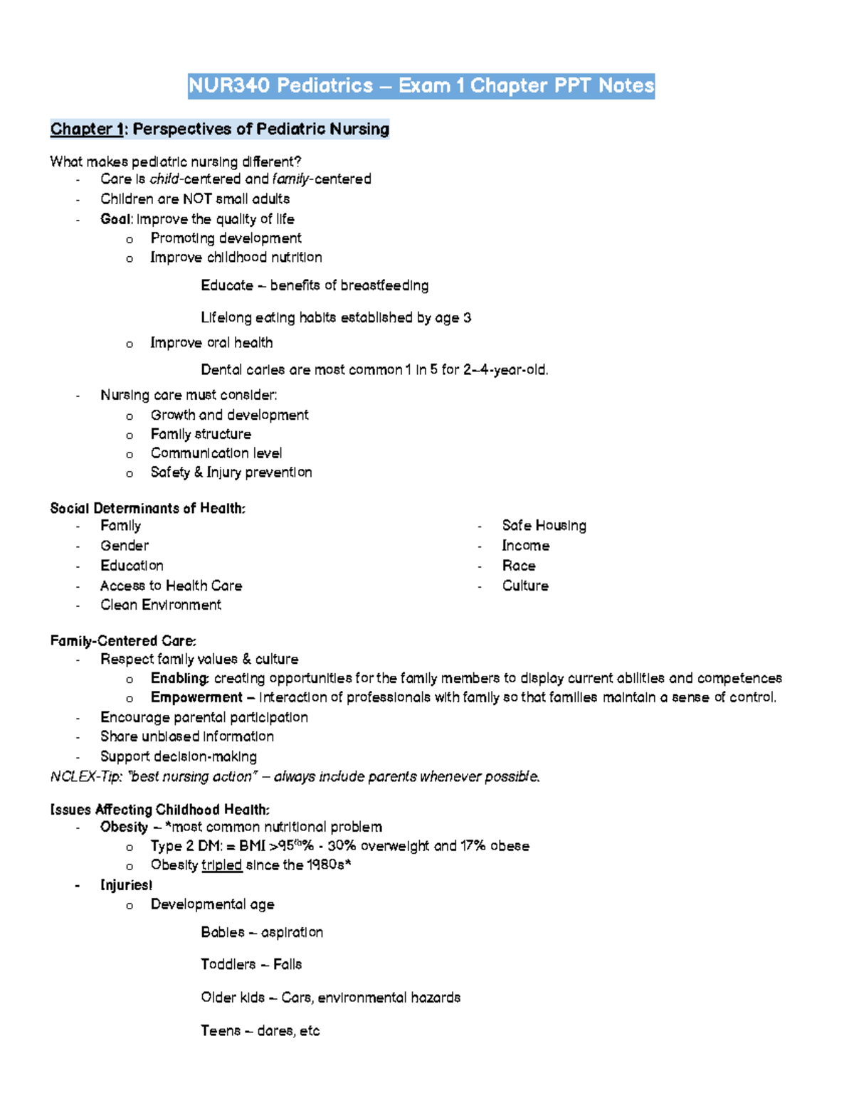 NUR340 Pediatrics Exam 1 Chapter Notes: Perspectives in Pediatric ...