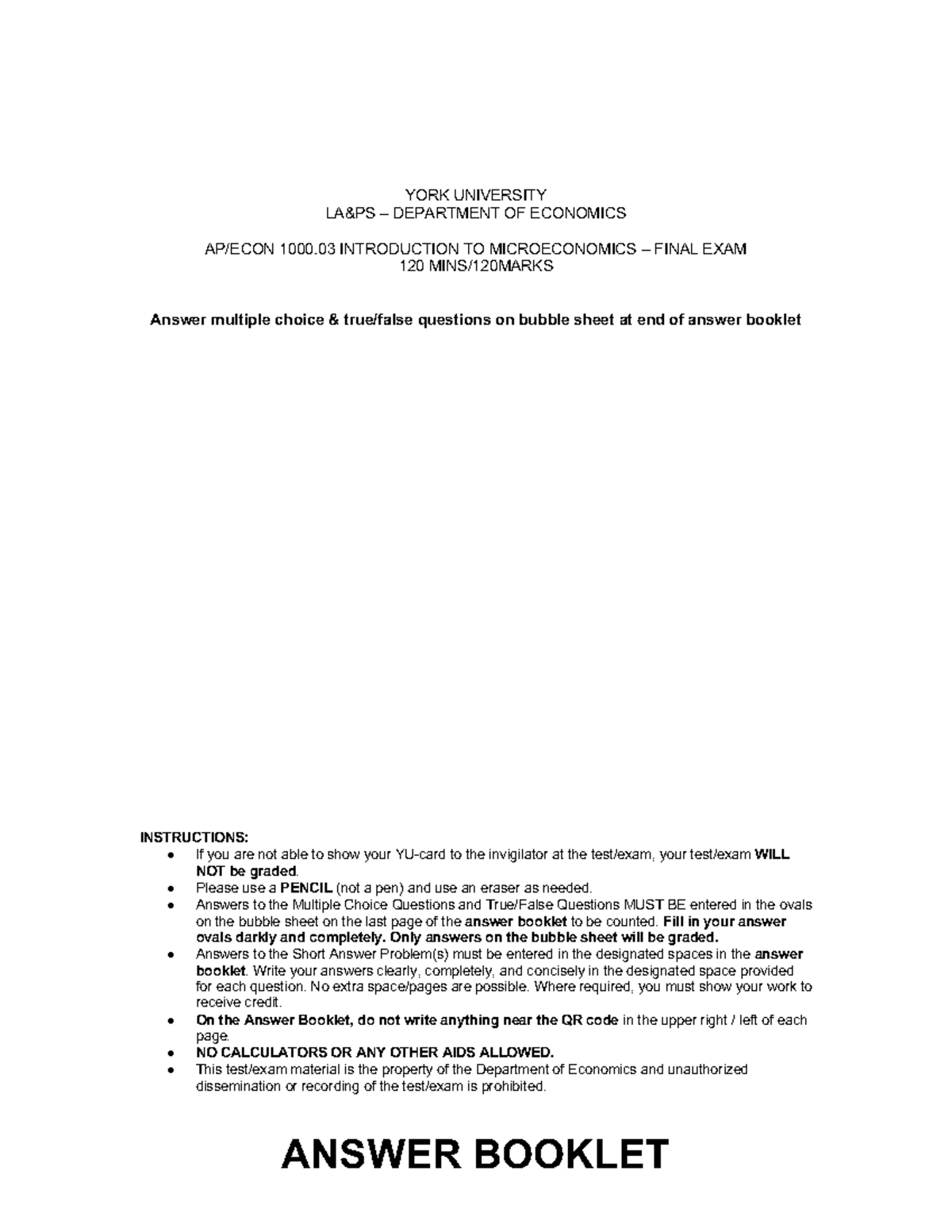 Econ 1000 Final Exam Sample Answer Booklet - Solutions - Studocu