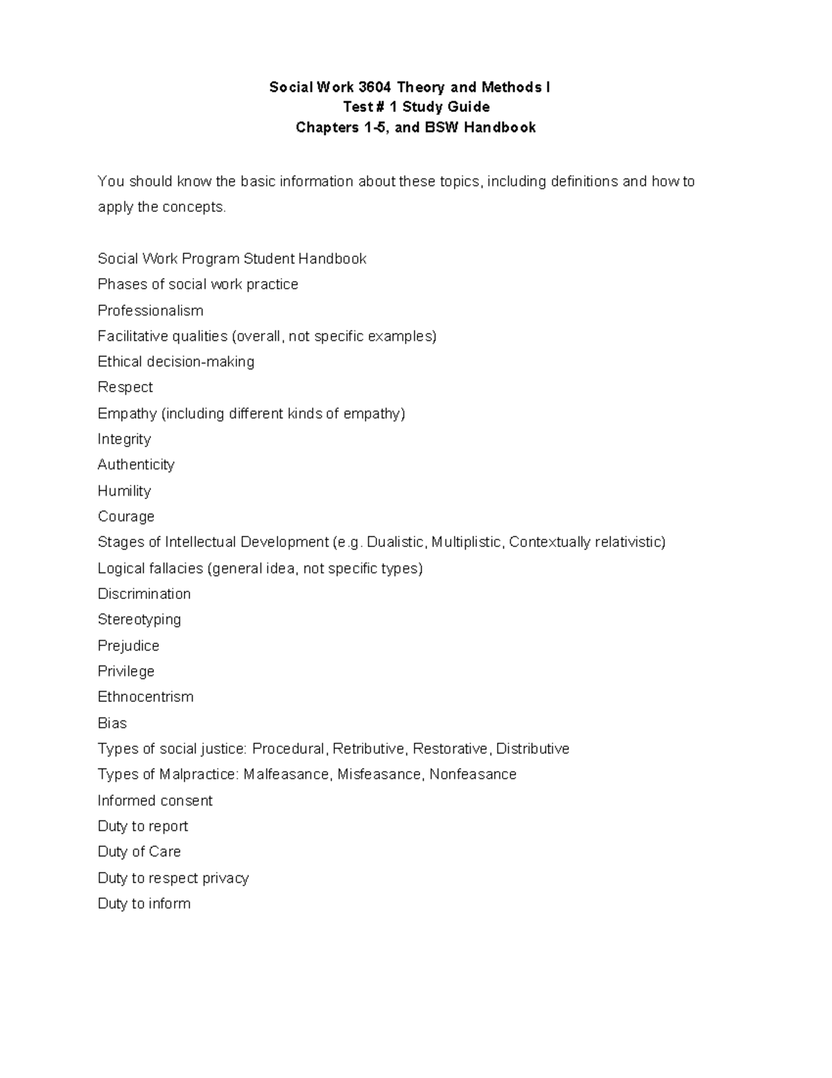 Social Work 3604 Test #1 Study Guide: Key Concepts & BSW Handbook - Studocu