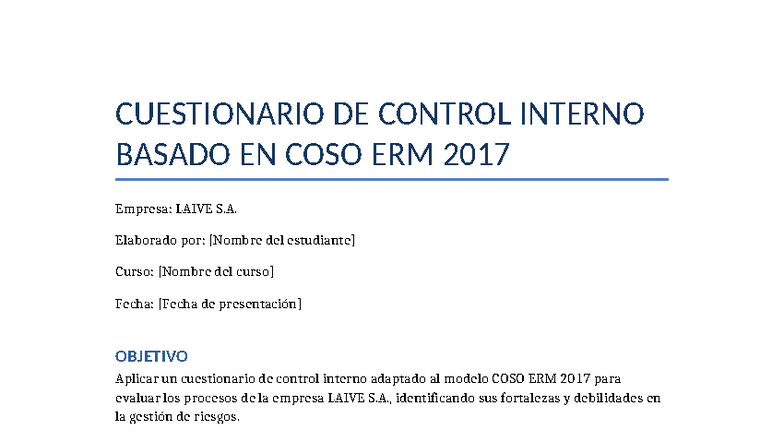 Cuestionario de Control Interno COSO ERM 2017 - LAIVE S.A. - Studocu