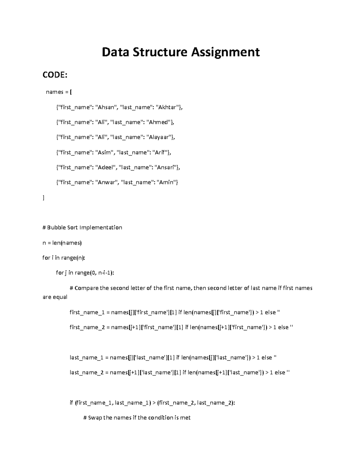 Data structure assignment sorting using bubble sort - Data Structure ...
