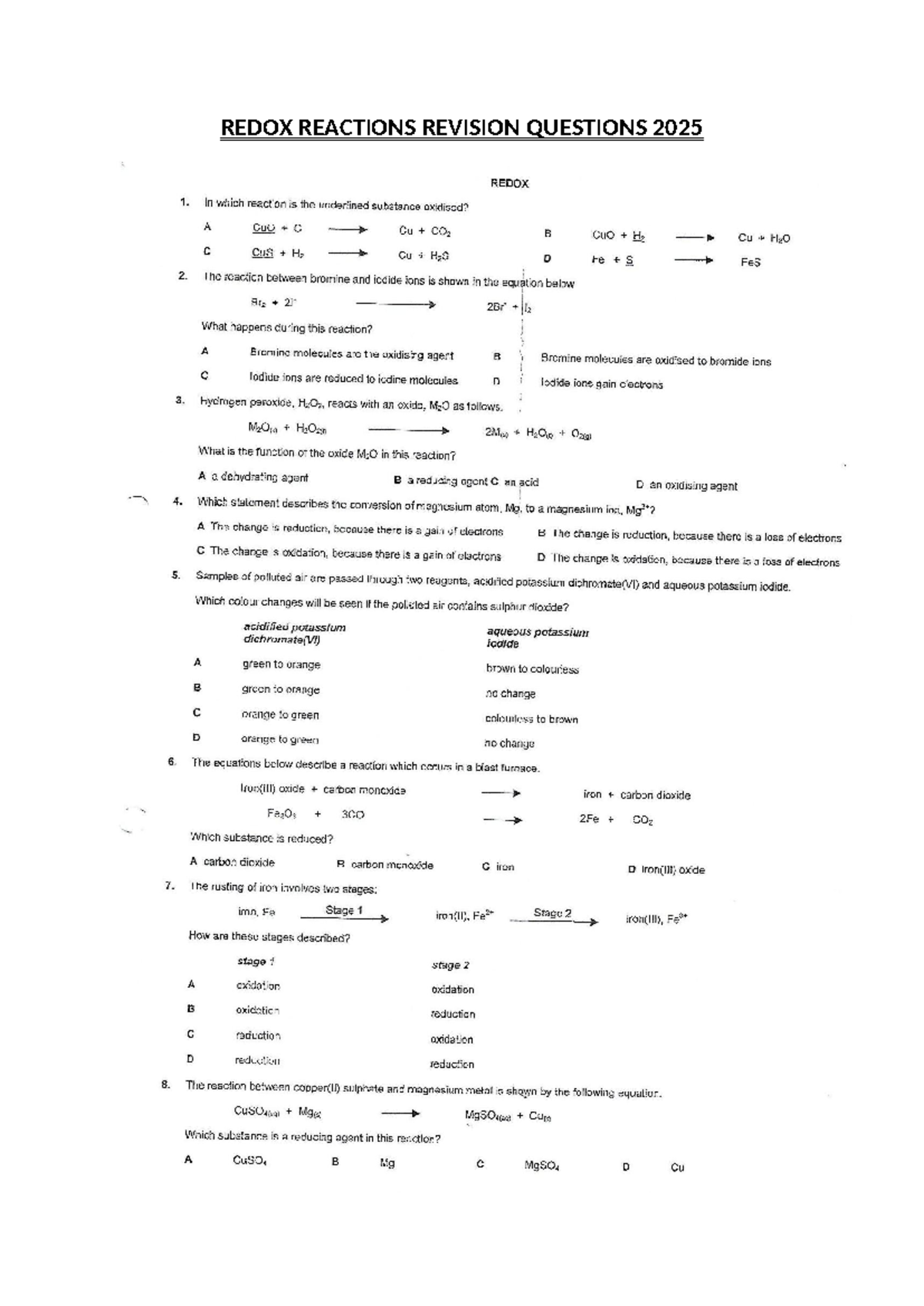 Redox Reactions Revision Questions 2025 - Chemistry Exam Prep - Studocu