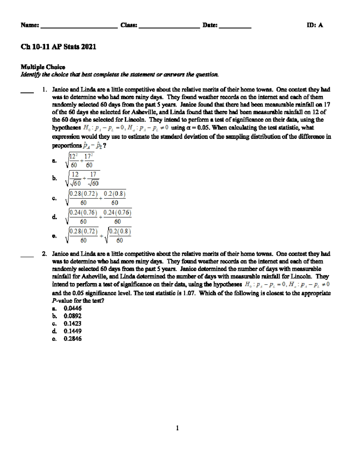 Ch 10-11 AP Stats Test 2021: Multiple Choice & Hypothesis Review - Studocu