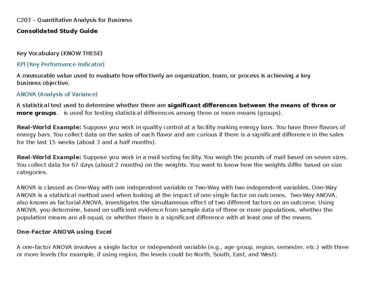 C207 Quantitative Analysis for Business: Key Concepts & Vocabulary ...
