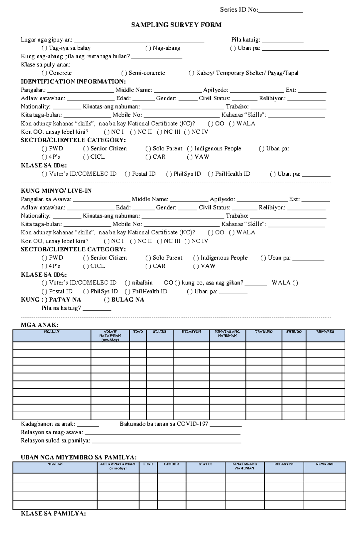 Sampling Survey Form - SAMPLING SURVEY FORM Lugar nga gipuy-an: - Studocu