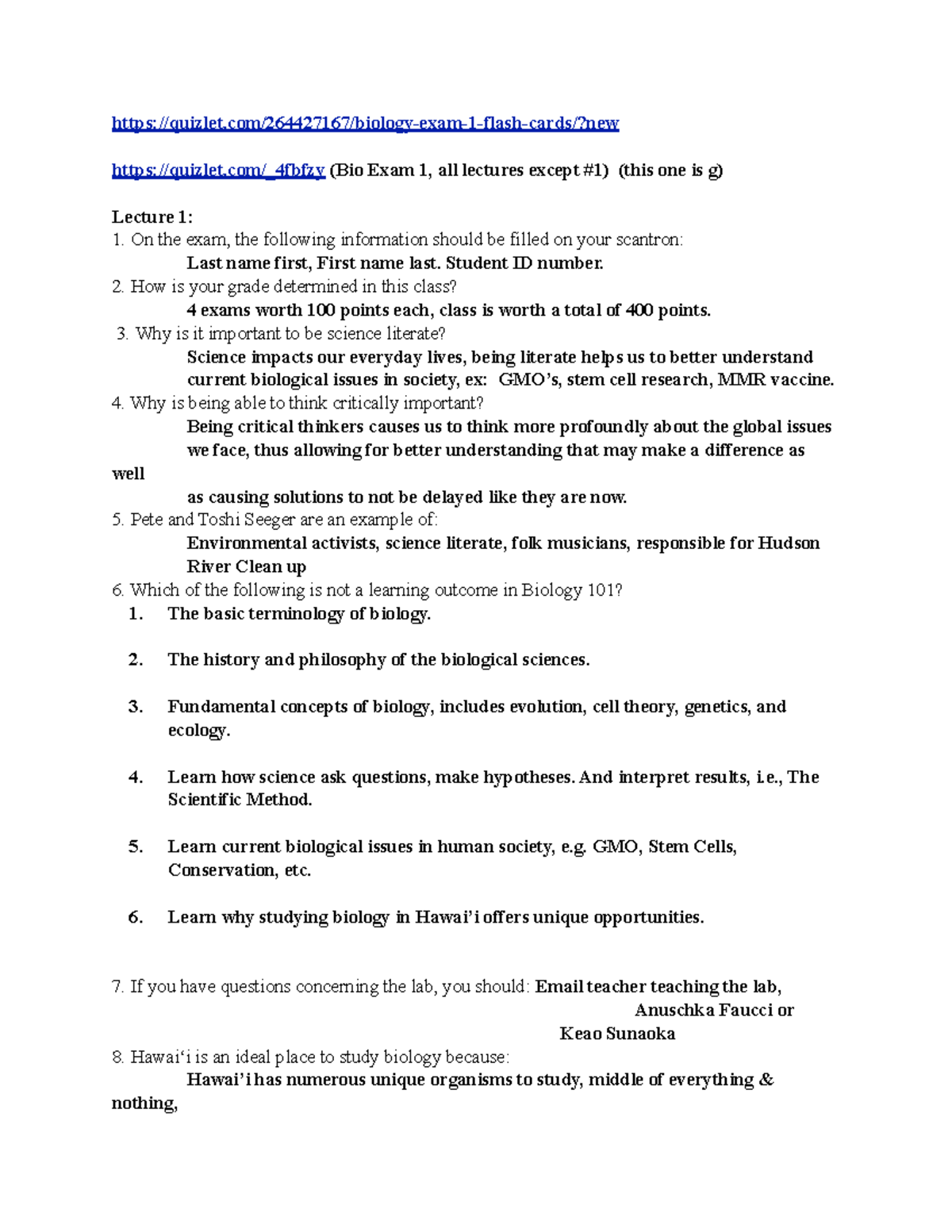 Bio 101: Exam 1 Review - Key Concepts from Lectures 1-10 - Studocu