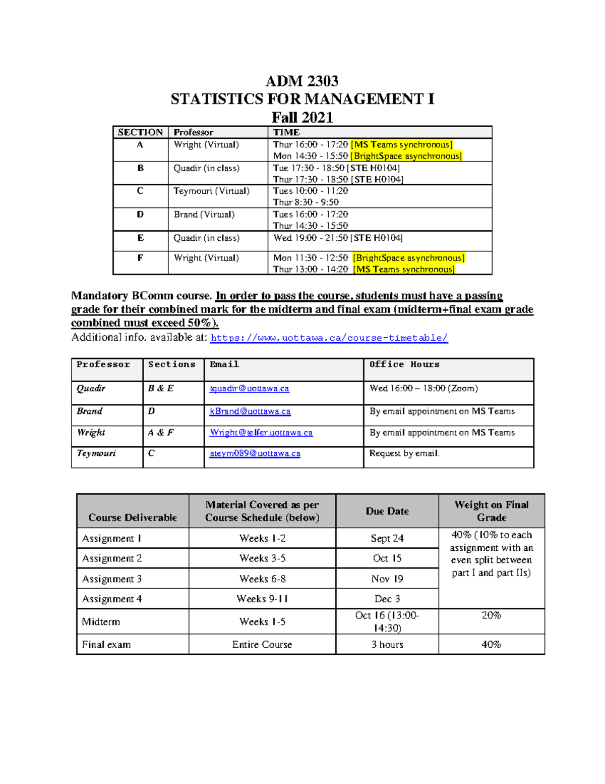 ADM 2303 - Statistics for Management I Syllabus (Fall 2021) - Studocu