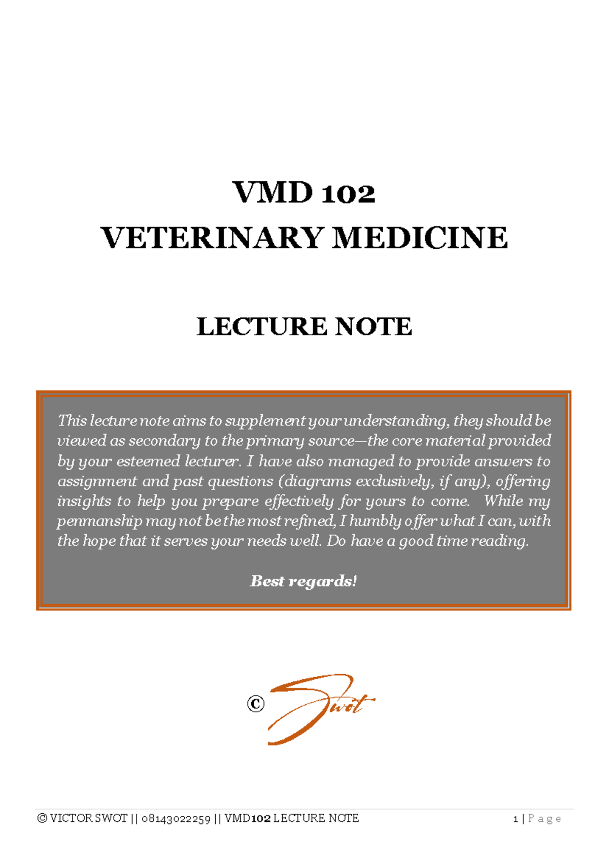 VMD 102 NOTE Guide—SWOT - VMD 102 VETERINARY MEDICINE LECTURE NOTE ...