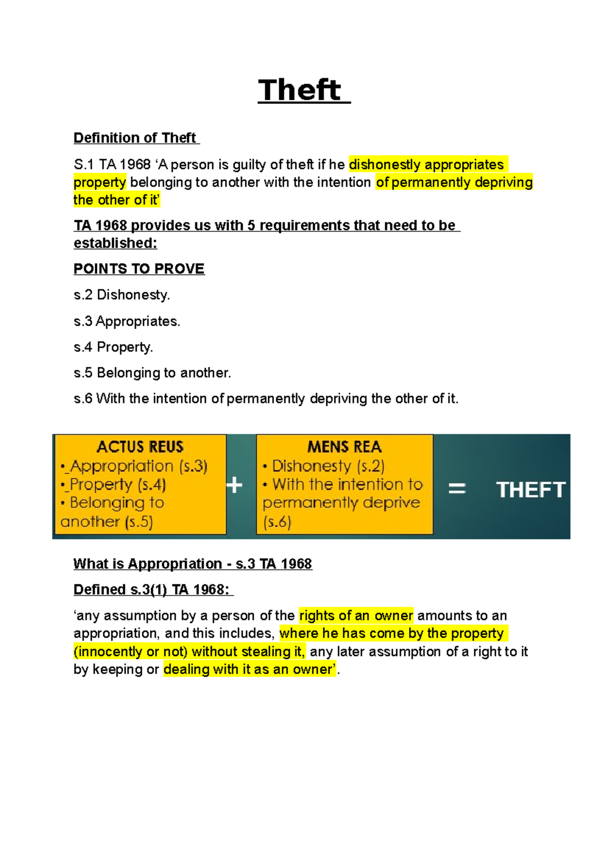 Theft Law - Lecture Notes for TA 1968 Understanding - Studocu