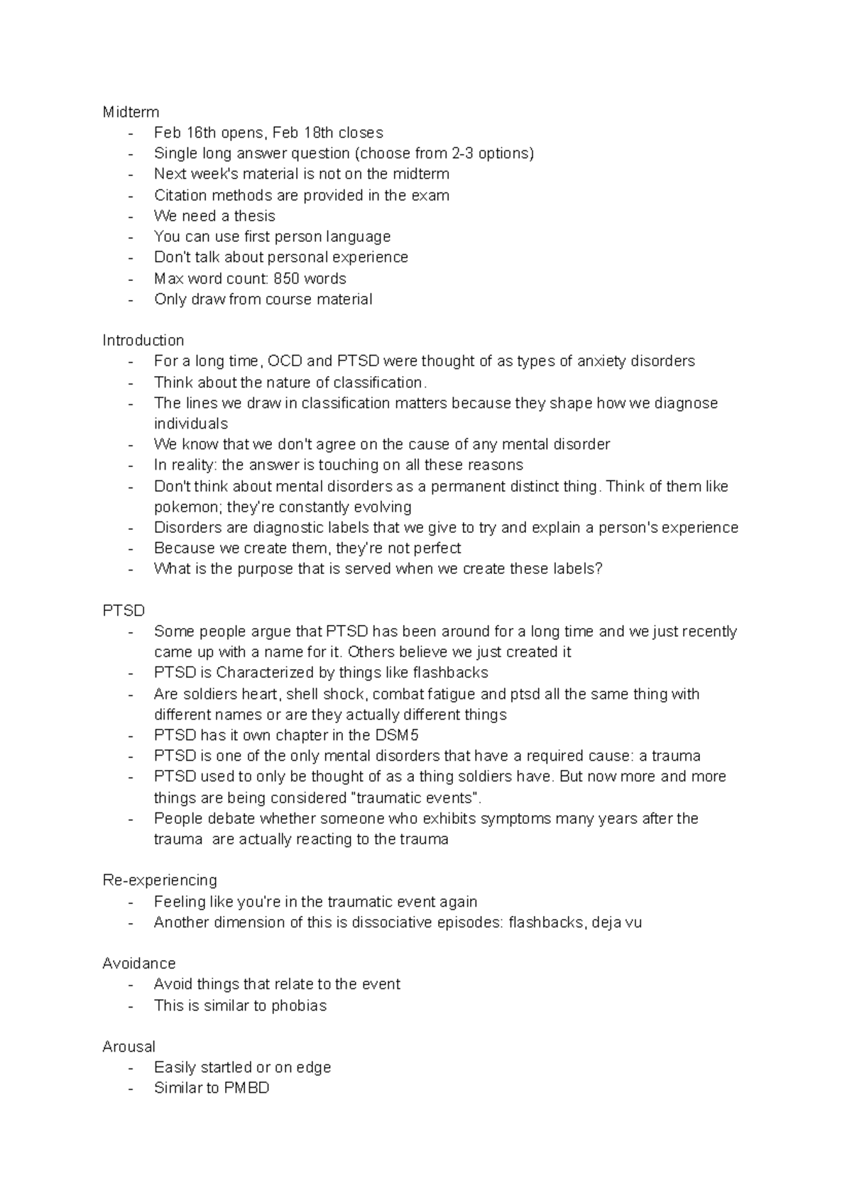 OCD, PTSD and Anxiety - OCD NOTES - Midterm - Feb 16th opens, Feb 18th ...