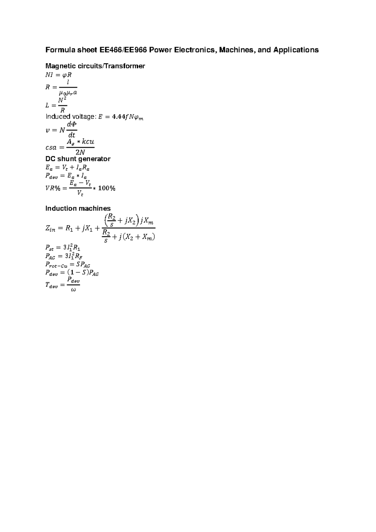 Formula sheet EE466-EE966 Power Electronics, Machines, and Applications ...