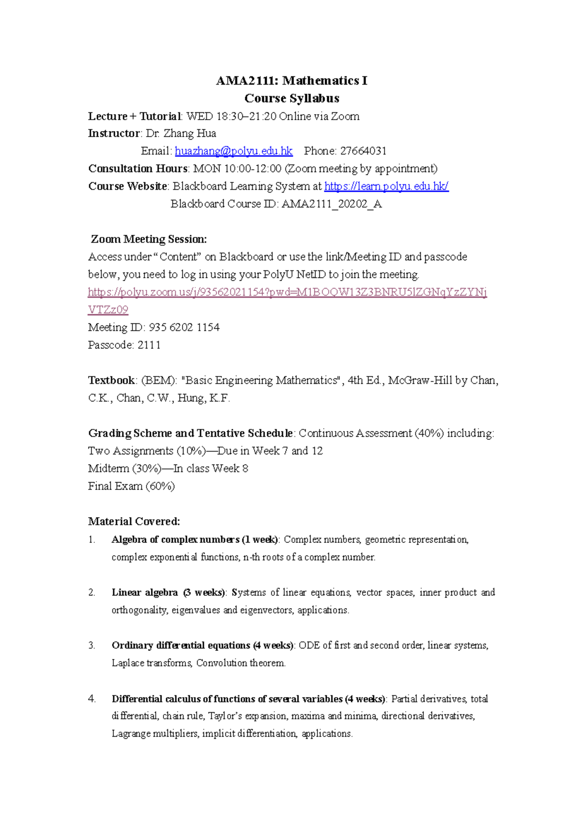 AMA2111 Mathematics I Course Syllabus and Important Information - Studocu