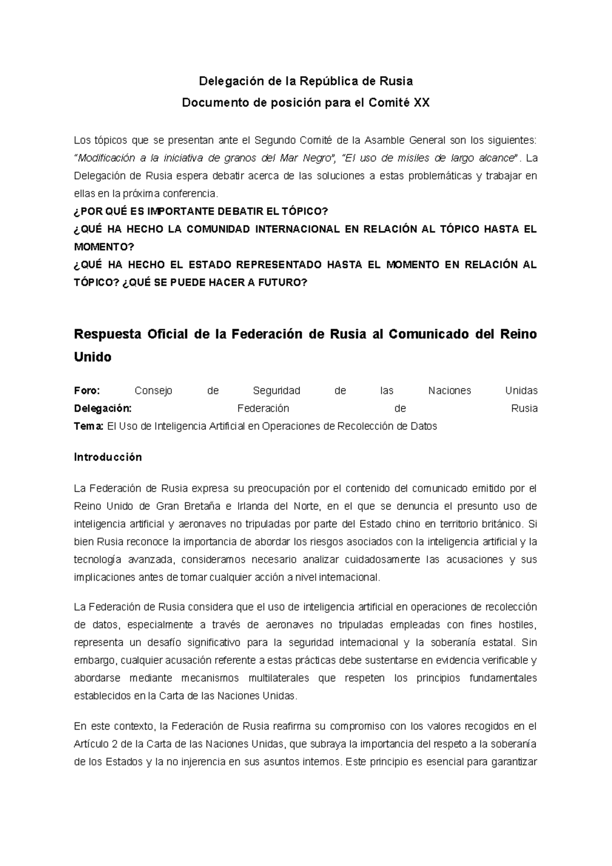 Documento de Posición Delegacion Rusa - Delegación de la República de ...