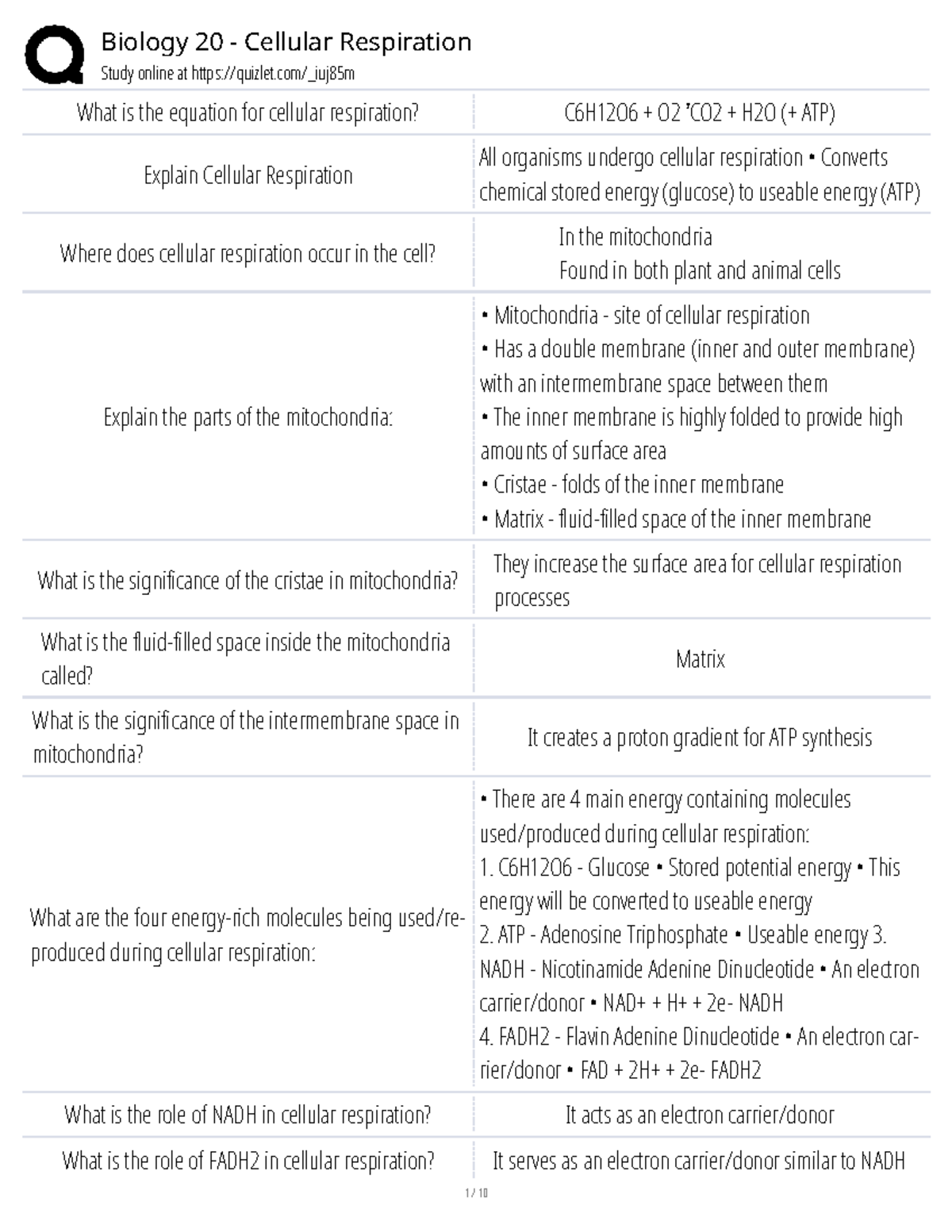 Biology 20 Cellular Respiration Quizlet Study Guide - Studocu