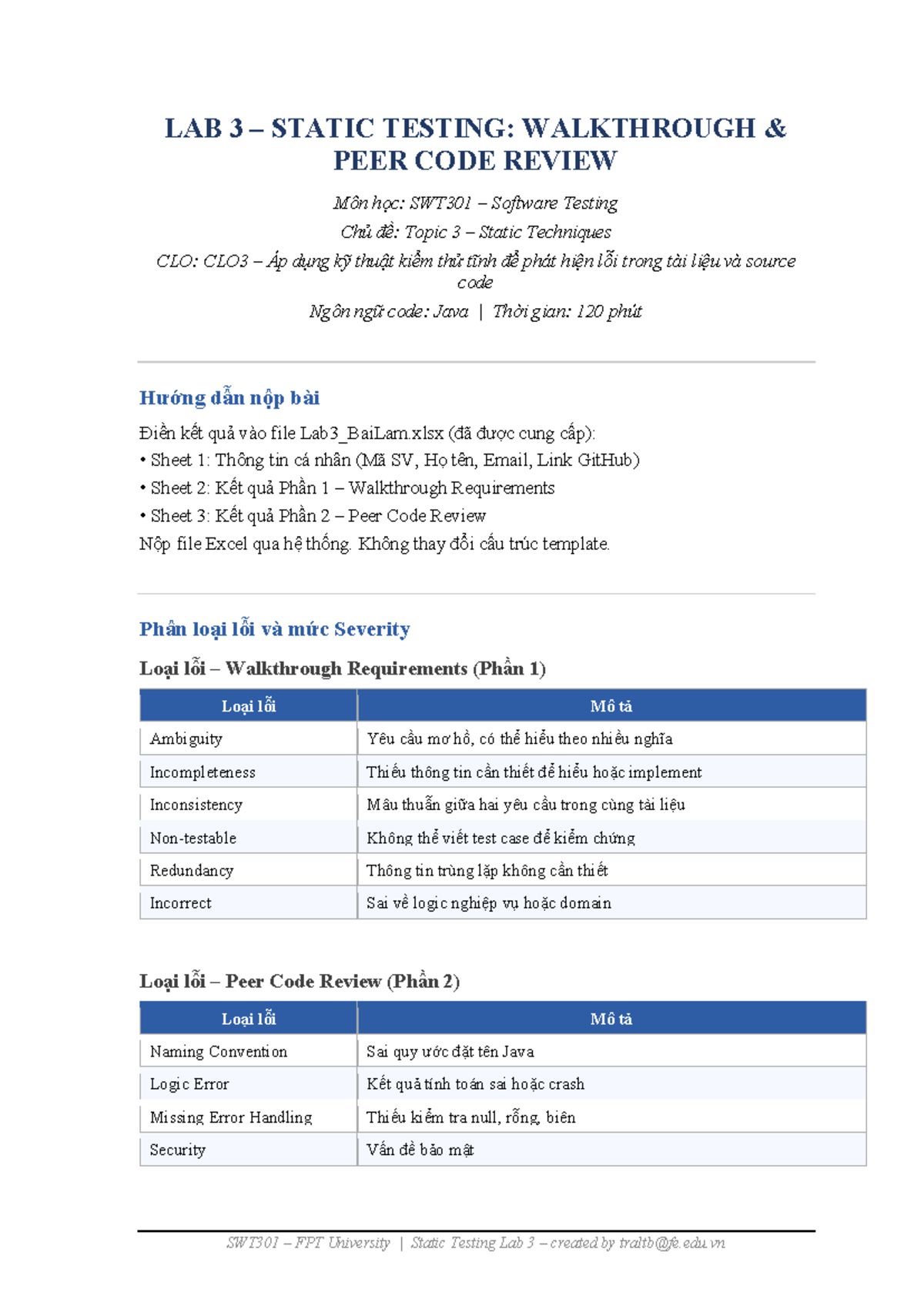SWT301 Lab 3: Static Testing Walkthrough & Peer Code Review - Studocu