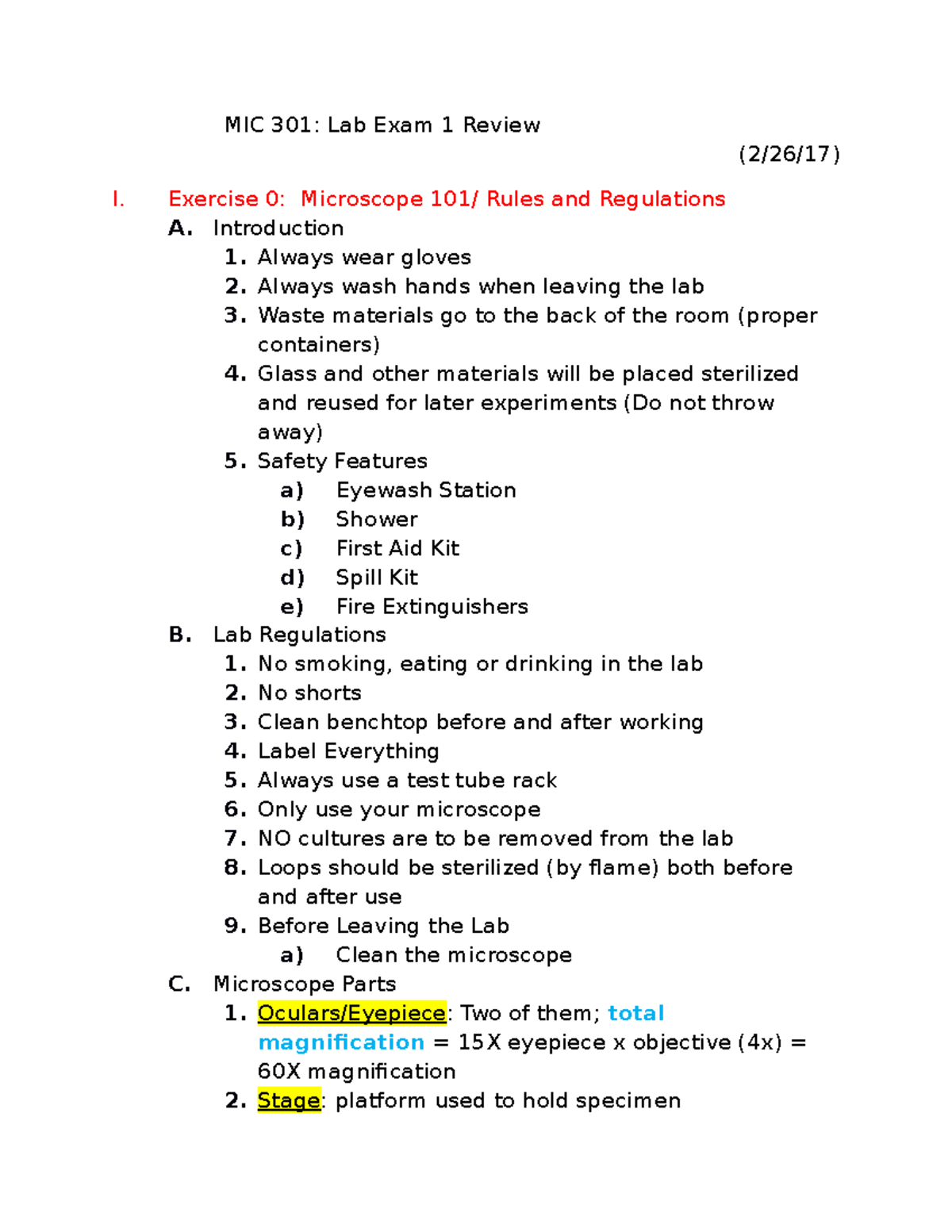MIC 301 Lab Exam 1 Review (Lab Practical Exam Review 1) - MIC 301: Lab ...