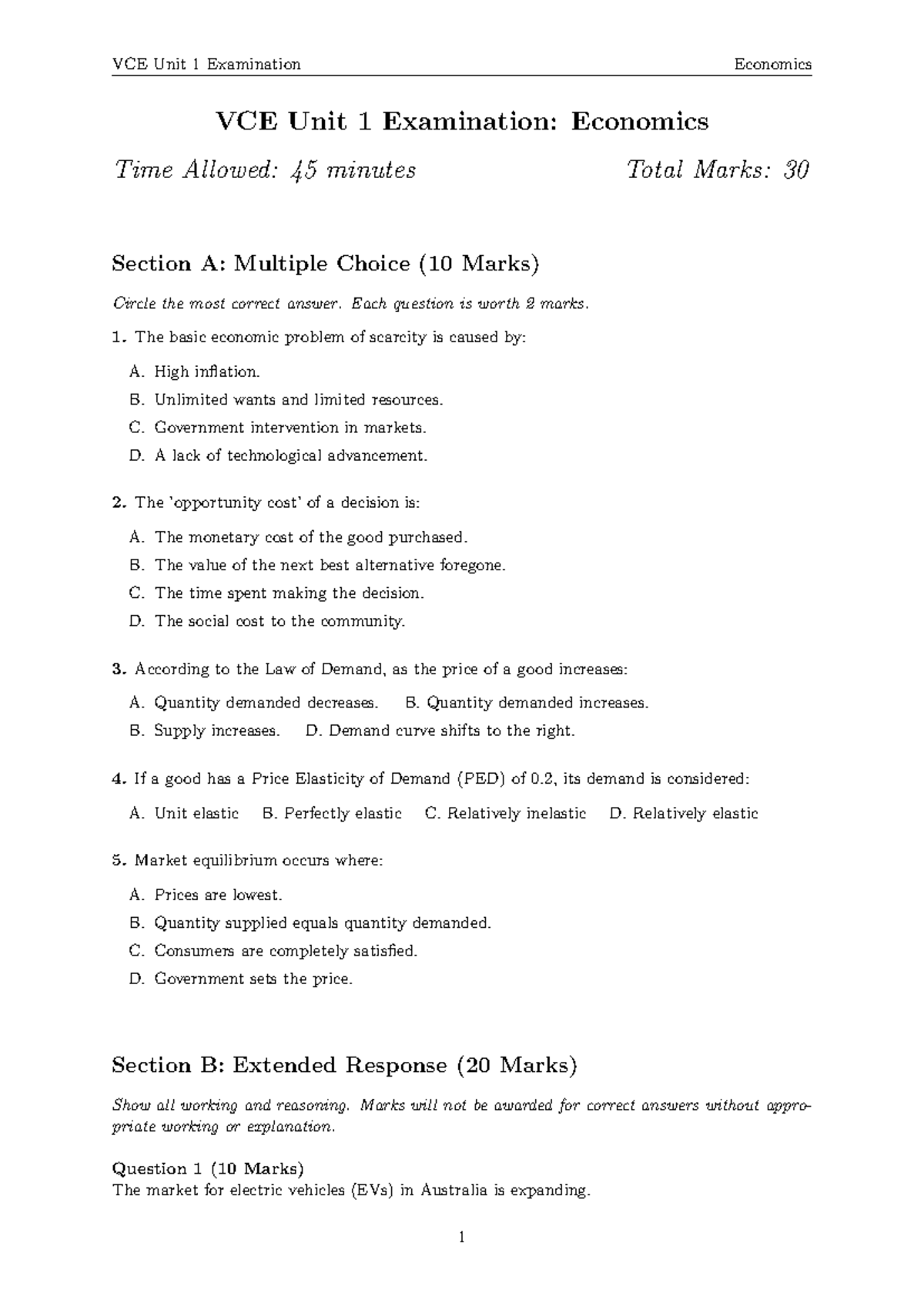 VCE Unit 1 Economics - Practice Exam Questions - Studocu