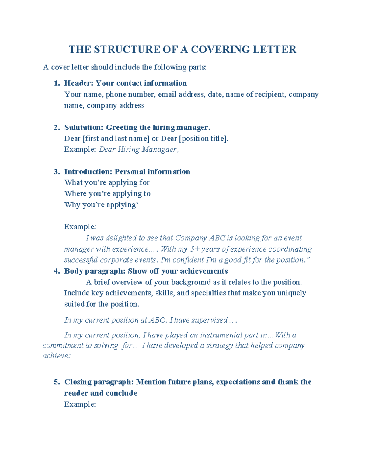 The Structure of a Covering Letter: Guide for Job Applications - Studocu