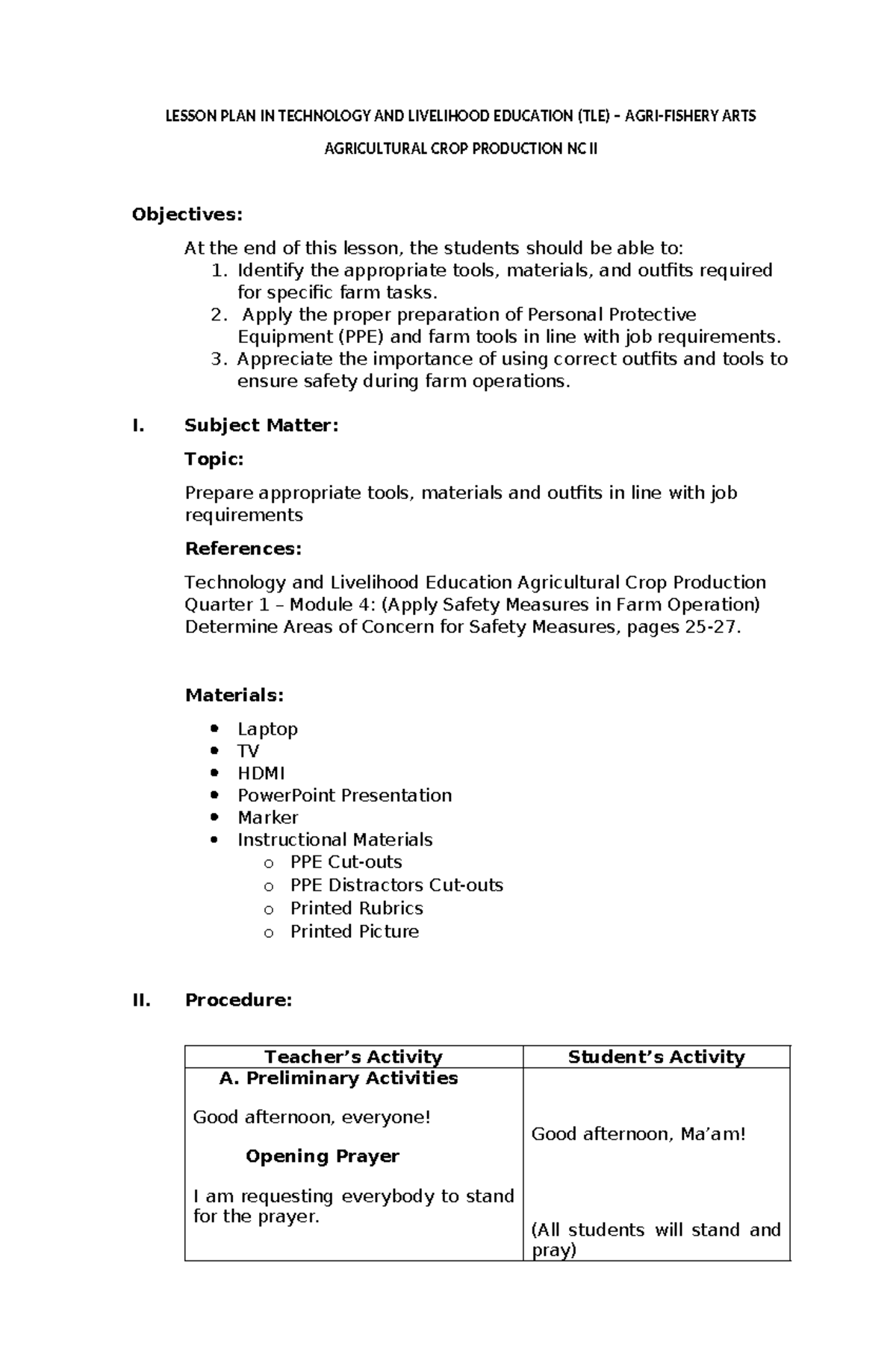 DLP TEC 266 - Lesson Plan on Agricultural Crop Production Safety - Studocu