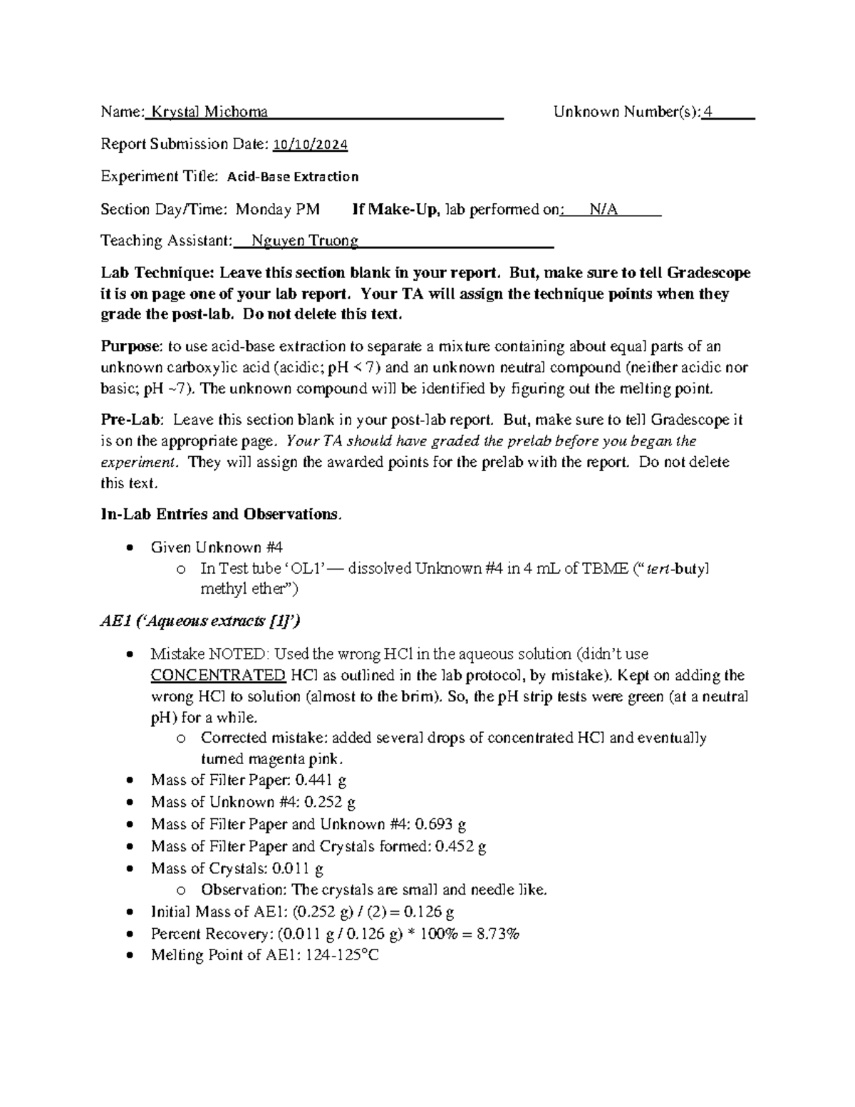 Acid-Base Extraction Post-Lab Report - Chem 101 Final Lab Results - Studocu