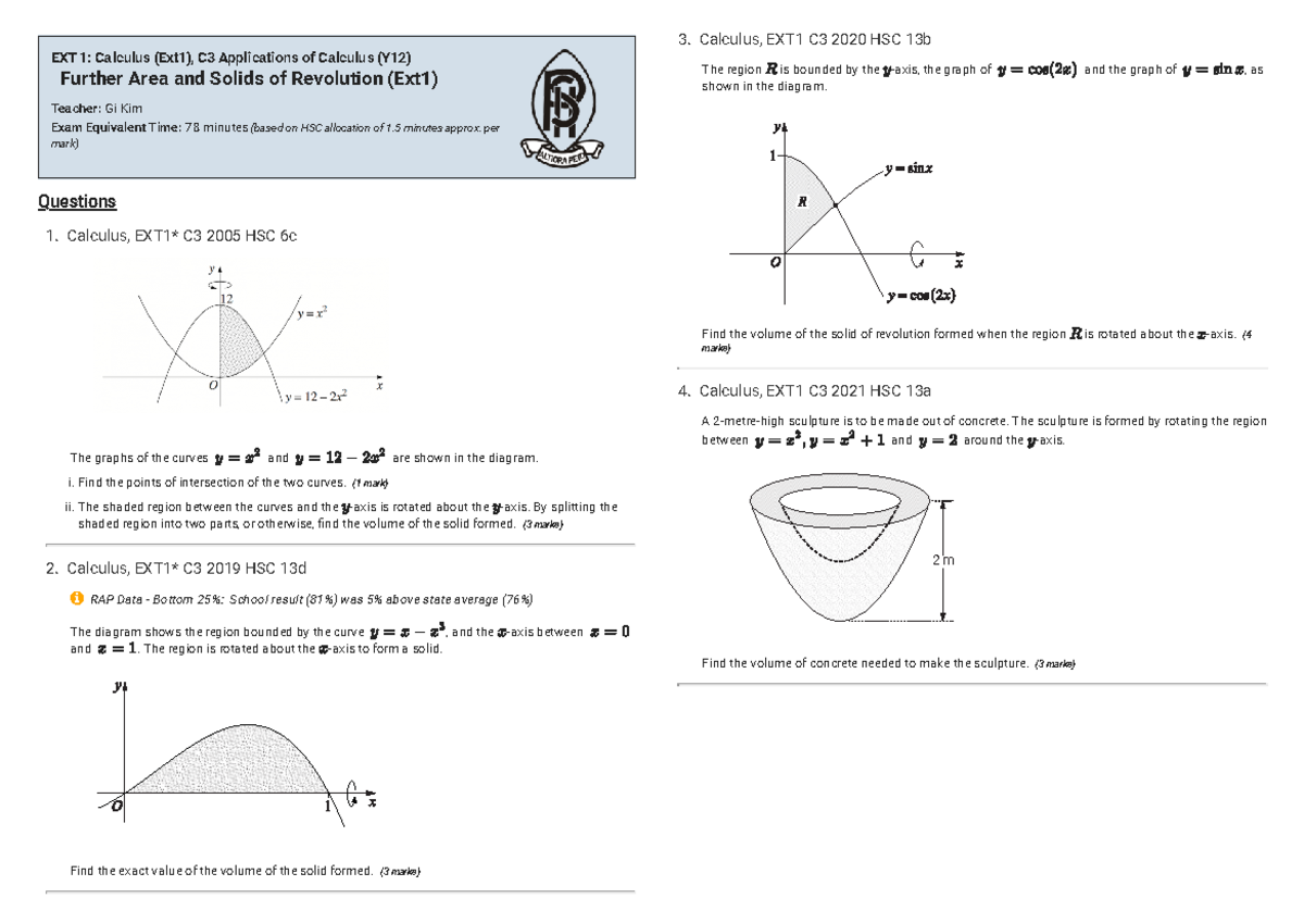 Past HSC Questions: Calculus EXT1 C3 on Area & Volume - Studocu