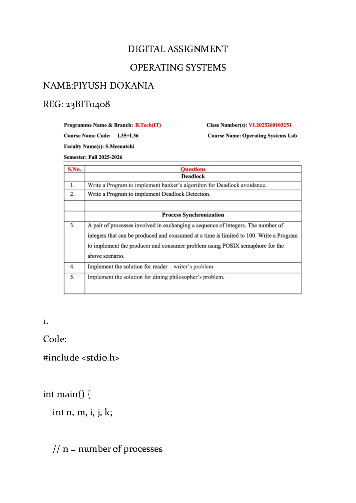 OS3 Digital Assignment: Process & Resource Management Code - Studocu