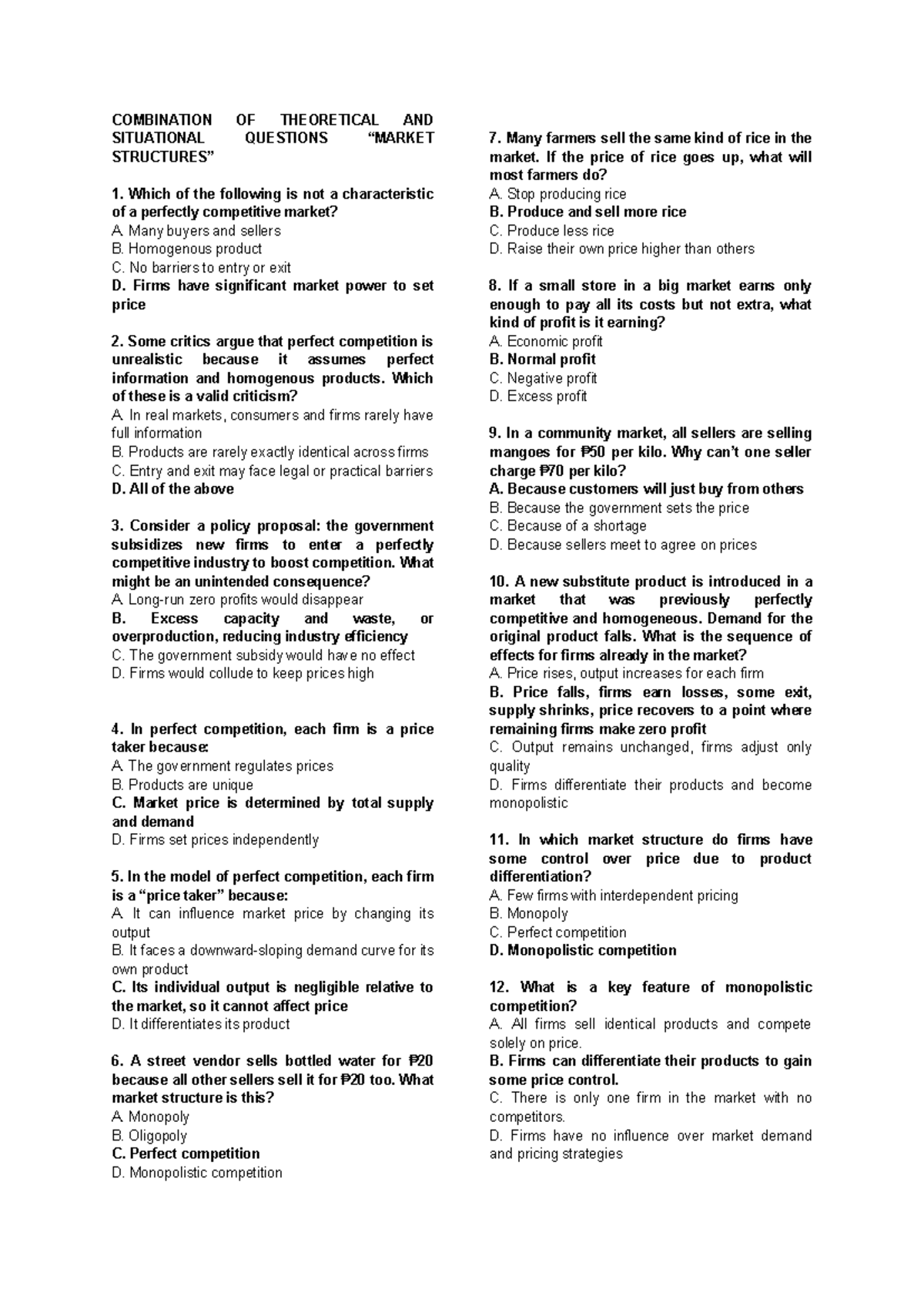 Market Structure Practice Questions - MANECON - Studocu