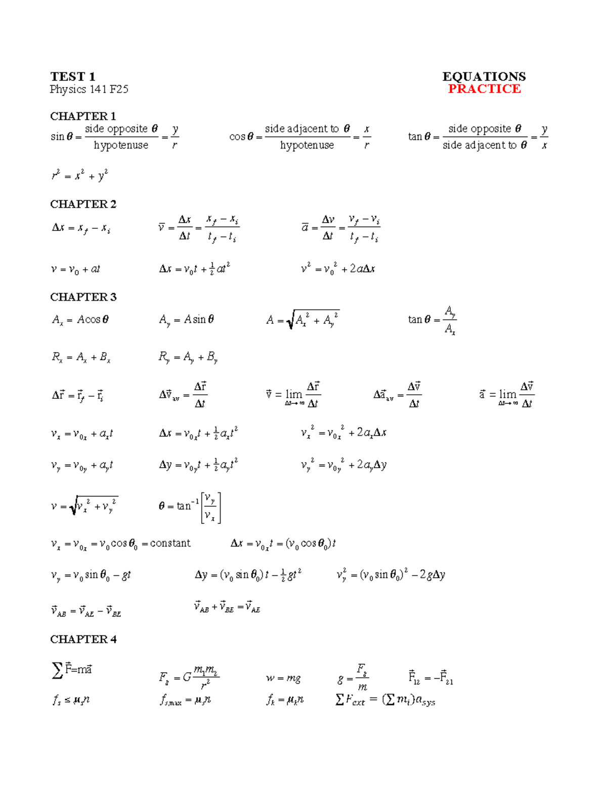 Physics 141 F25: Test 1 Equations Practice Notes - Studocu