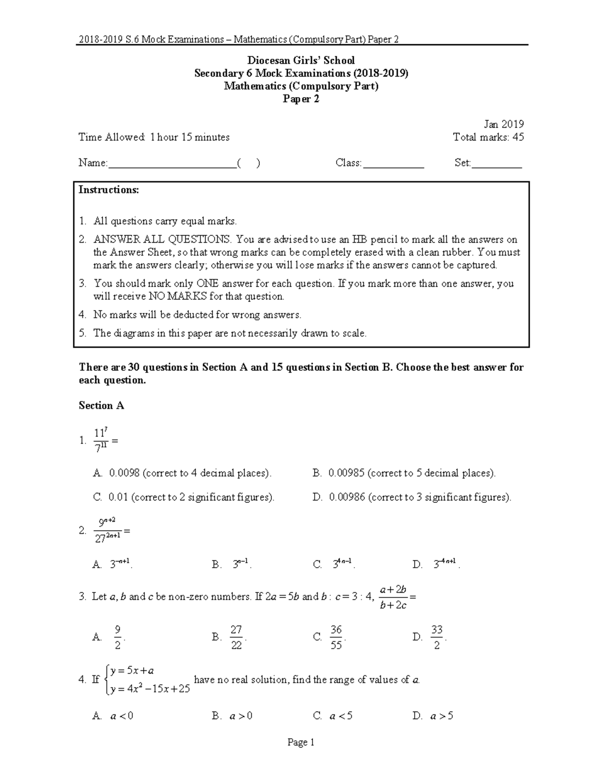 2018-19 S6 Maths Compulsory Mock Exam Paper 1 Analysis and Solutions -  Studocu