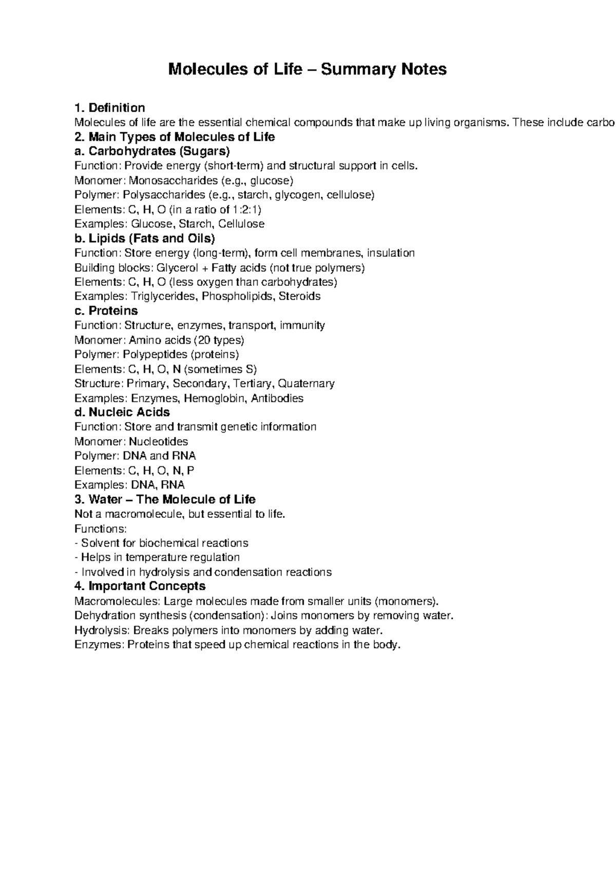 Molecules of Life Summary Notes: Key Concepts and Functions - Studocu