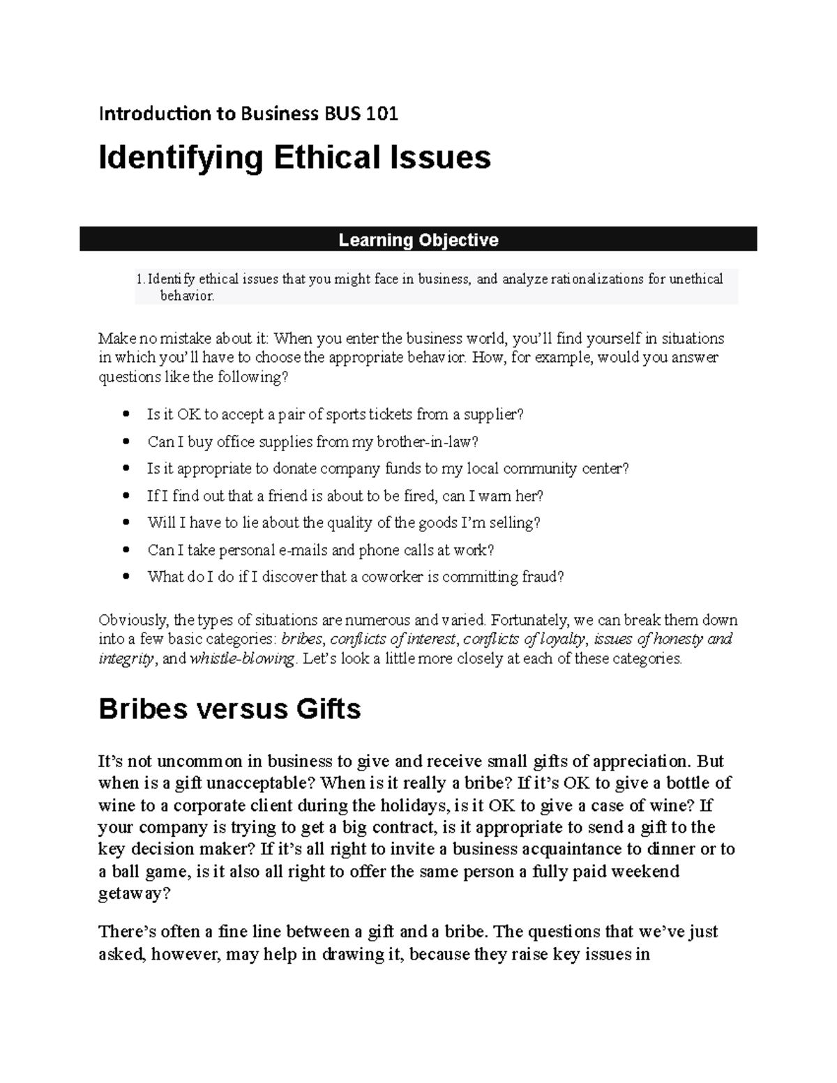 Identifying Ethical Issues in Business - BUS 101 Overview and Analysis ...